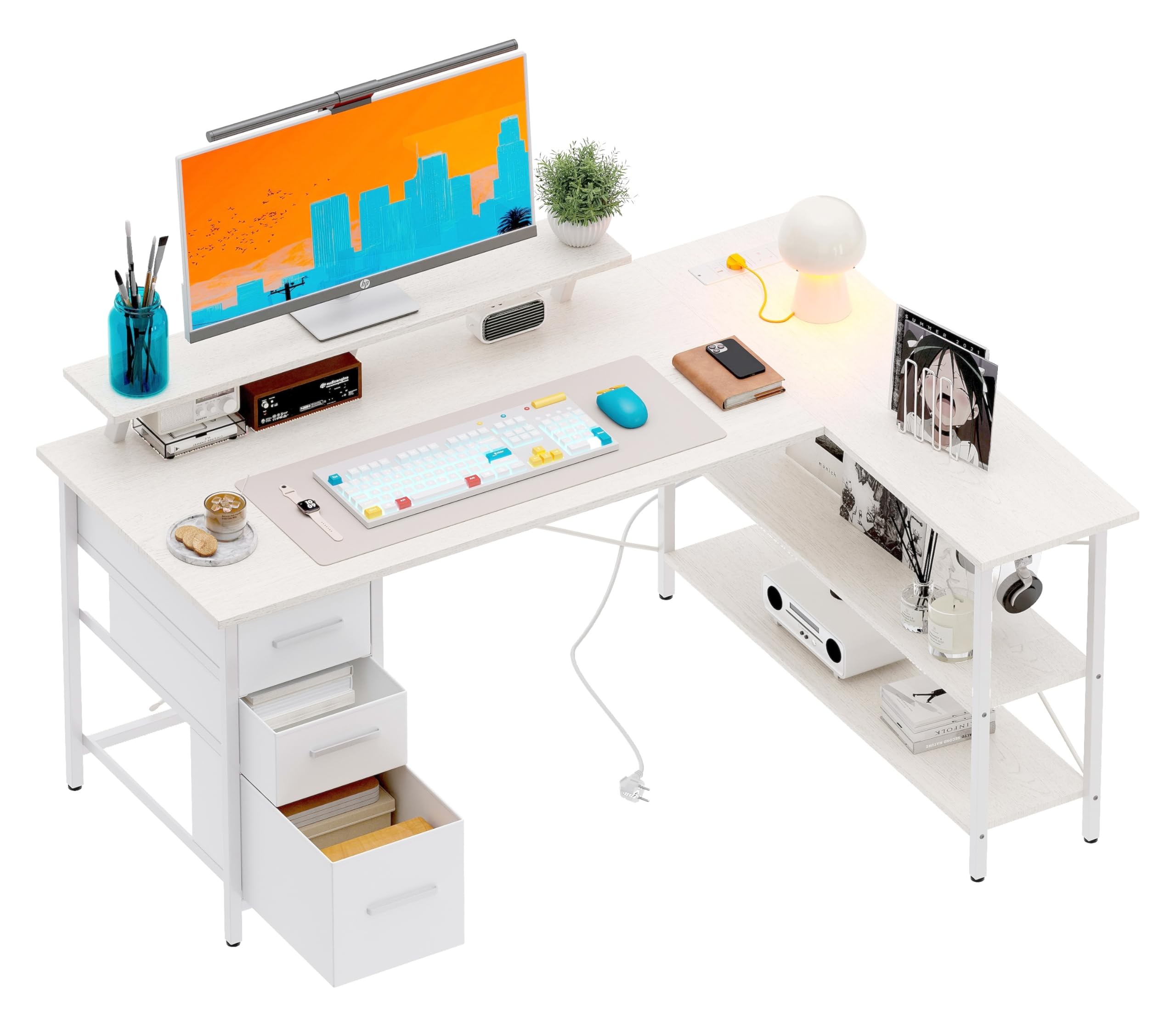 Xyphren Corner Computer Desk with Drawers, 120x80cm Reversible L Shaped Desk with Power Outlet, Home Office Desk with Monitor Stand and PC Stand, Gaming Desks Workstations,White