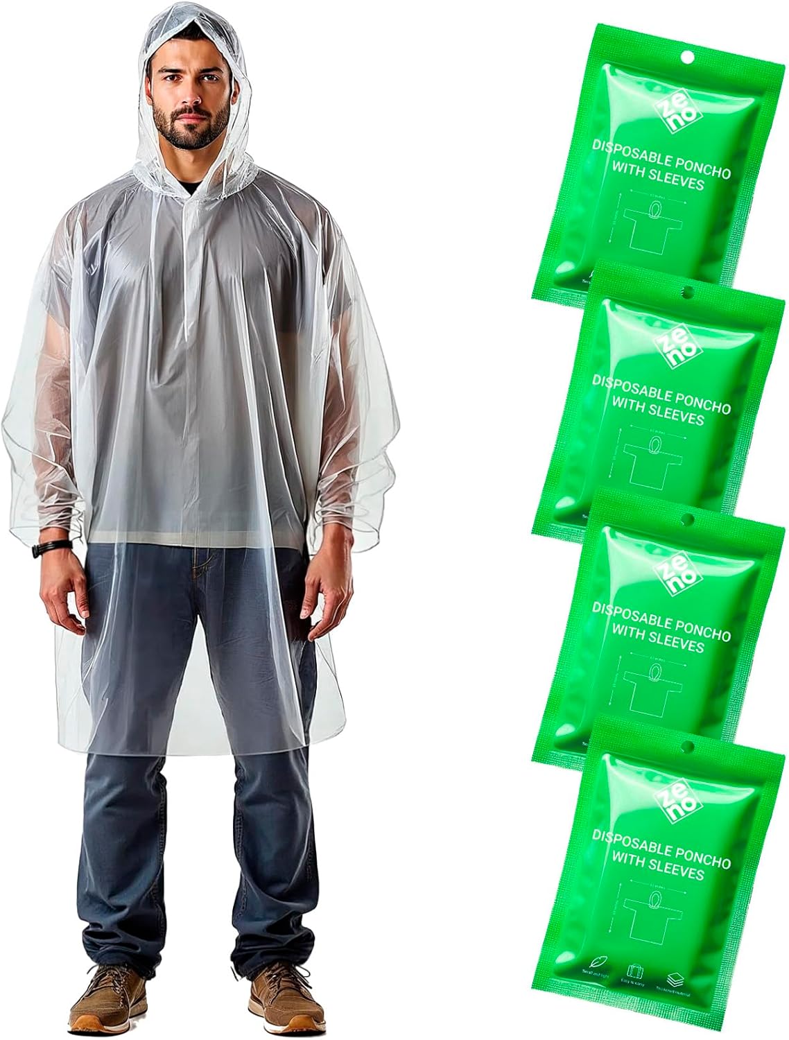 ZENO Disposable Rain Ponchos for Adults - Clear Ponchos with Sleeves