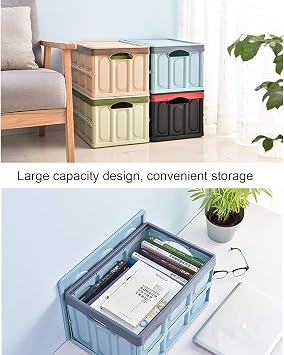 Collapsible Storage Boxes 2 Pack 30L Lidded Plastic Tote Storage Box Container Stackable Folding Utility Crate for Clothes, Toys, Books, Snacks, Shoes, Grocery Storage Bin - Blue