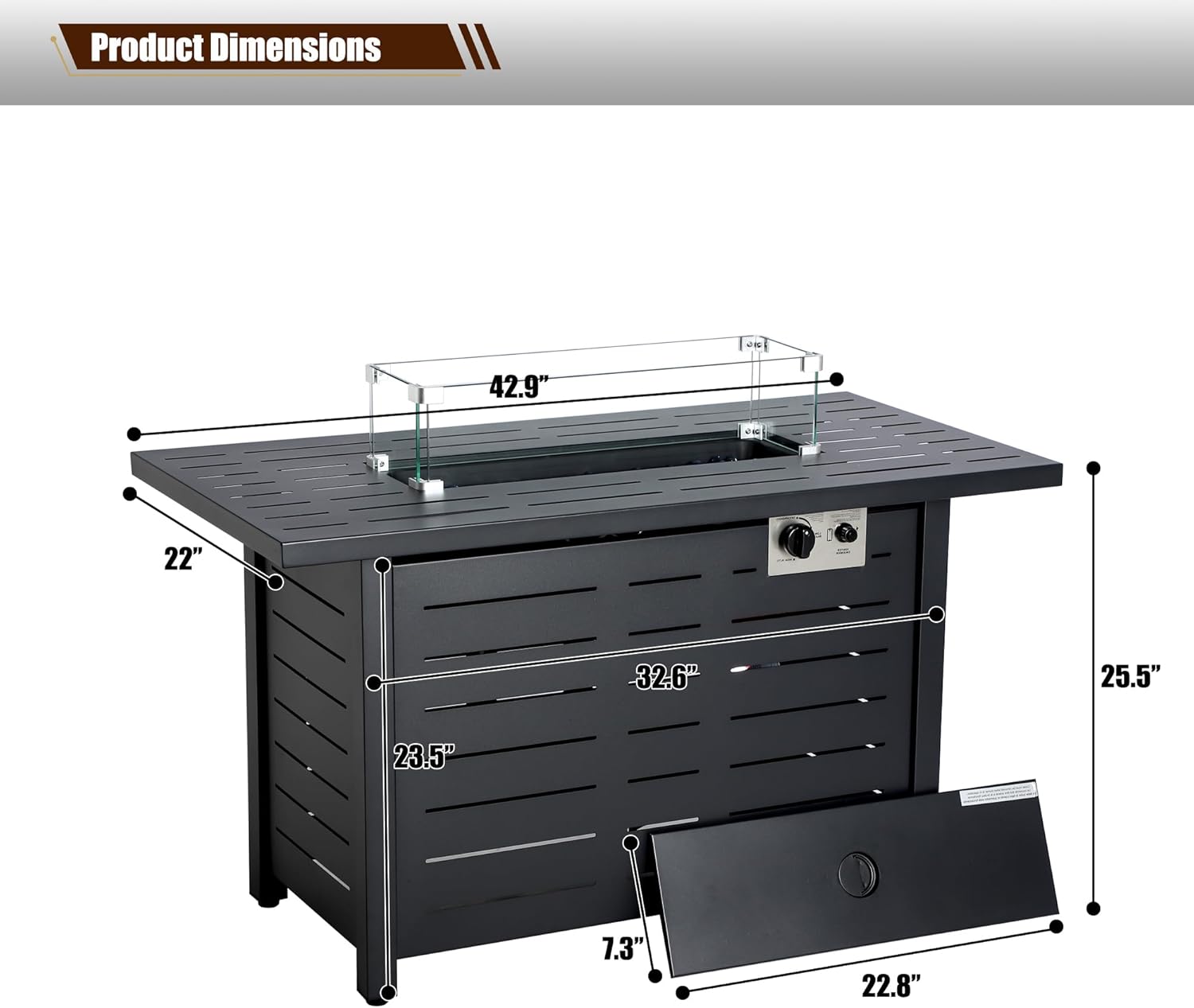 Fire Pit Table, 43" Outdoor Fire Pit Table, 50,000 BTU Gas Fire Table with Lid, Glass Wind Guard for Outside Garden Backyard Deck Patio