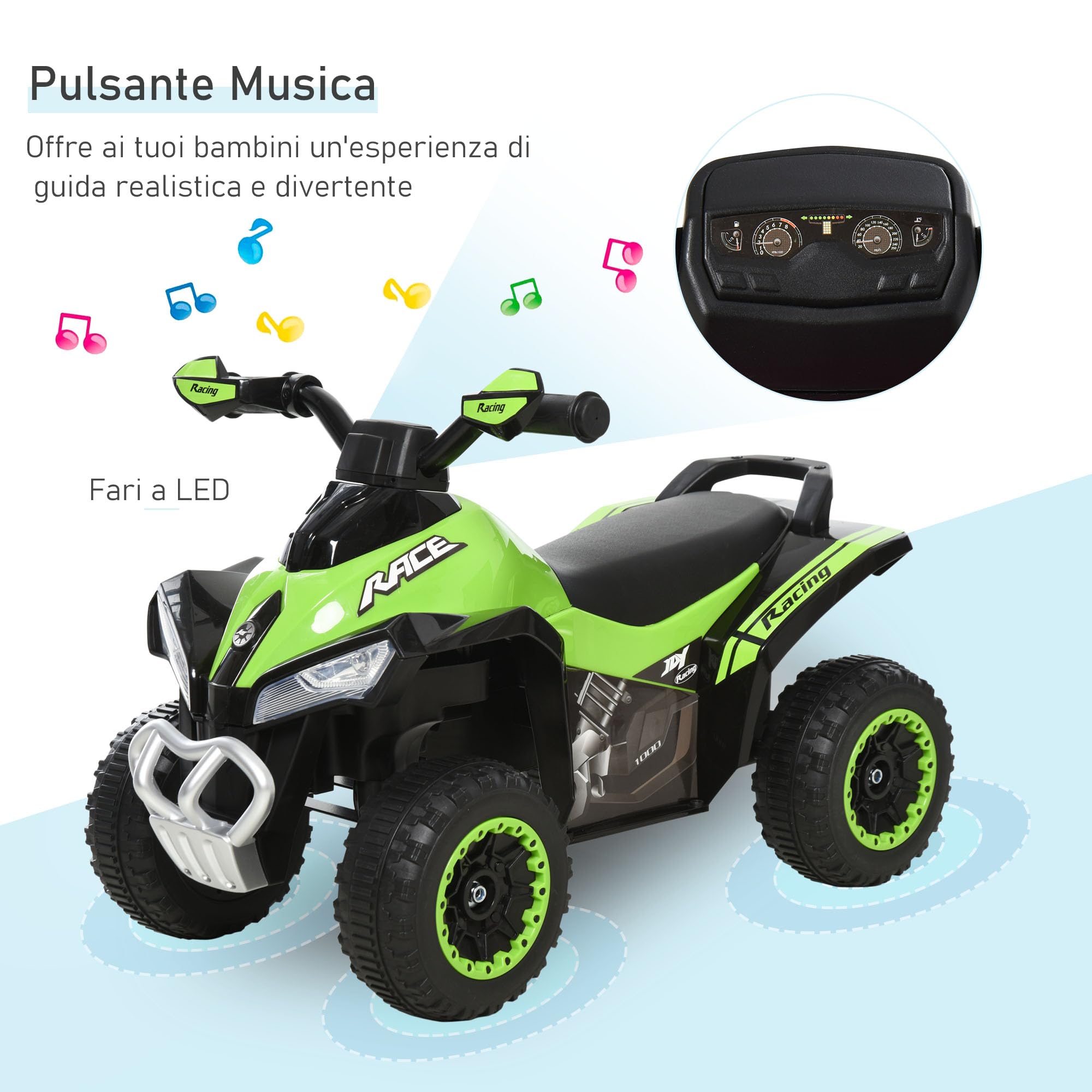 HOMCOM Macchina Cavalcabile per Bambini 18-36 Mesi in PP e Metallo, Mini Quad per Bambini a Spinta Manuale con Musiche Integrate, Fari Funzionanti e Manubrio Ampio, 67.5x38x44cm, Verde
