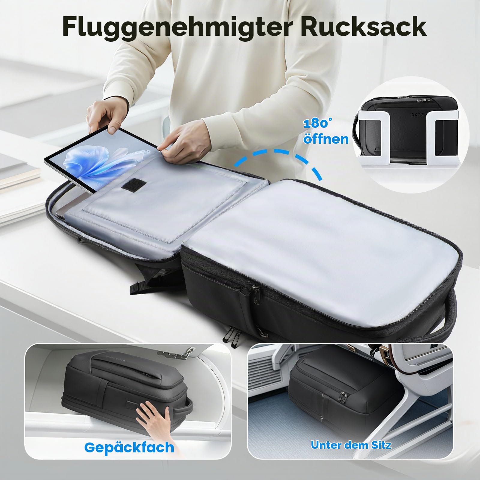 hk Business Laptop Rucksack Herren 16 Zoll 28-40L Erweiterbar | Wasserabweisender Arbeitsrucksack mit USB Ladeanschluss, Großem Stauraum für Schule, Universität und Reisen – Schwarz