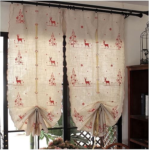 DJYSXA Cortina de globo ajustable de estilo pastoral, cortinas de arpillera bordadas de alce para cocina, cortina de puerta Shabby chic, cortina