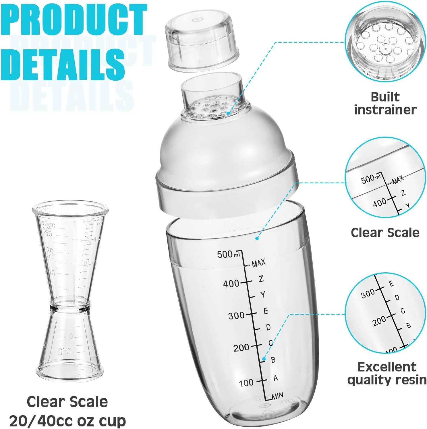 7 Pcs Plastic Cocktail Shaker Set Drink Mixer with Mark Clear Drink Cocktail Shaker and Measuring Jigger Set Ounce Cup Clear for Bar Party Home Use Wine Bar(17oz)