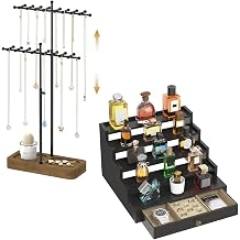 MODOWEY Adjustable Necklace Display Tree Perfume Cologne Stand Shelf, 36 Hooks Metal Stand for Bracelet Necklace, 5 Tier Large Wooden Fragrance Display Rack for Women Men, Black Brown