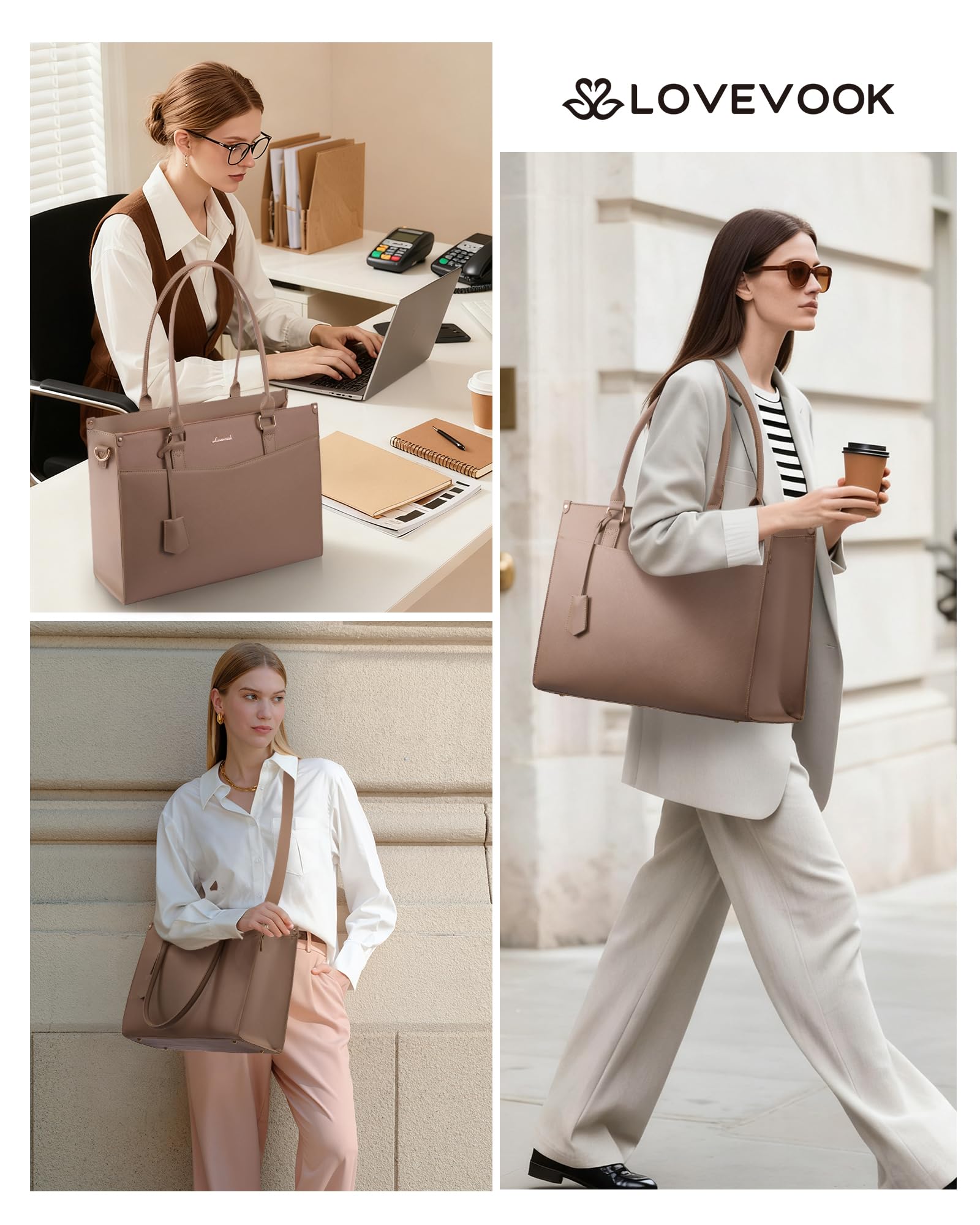 LOVEVOOK Borsa per computer portatile da donna 2 in 1, elegante borsa da lavoro, in pelle PU, borsa shopper, borsa per scuola, università