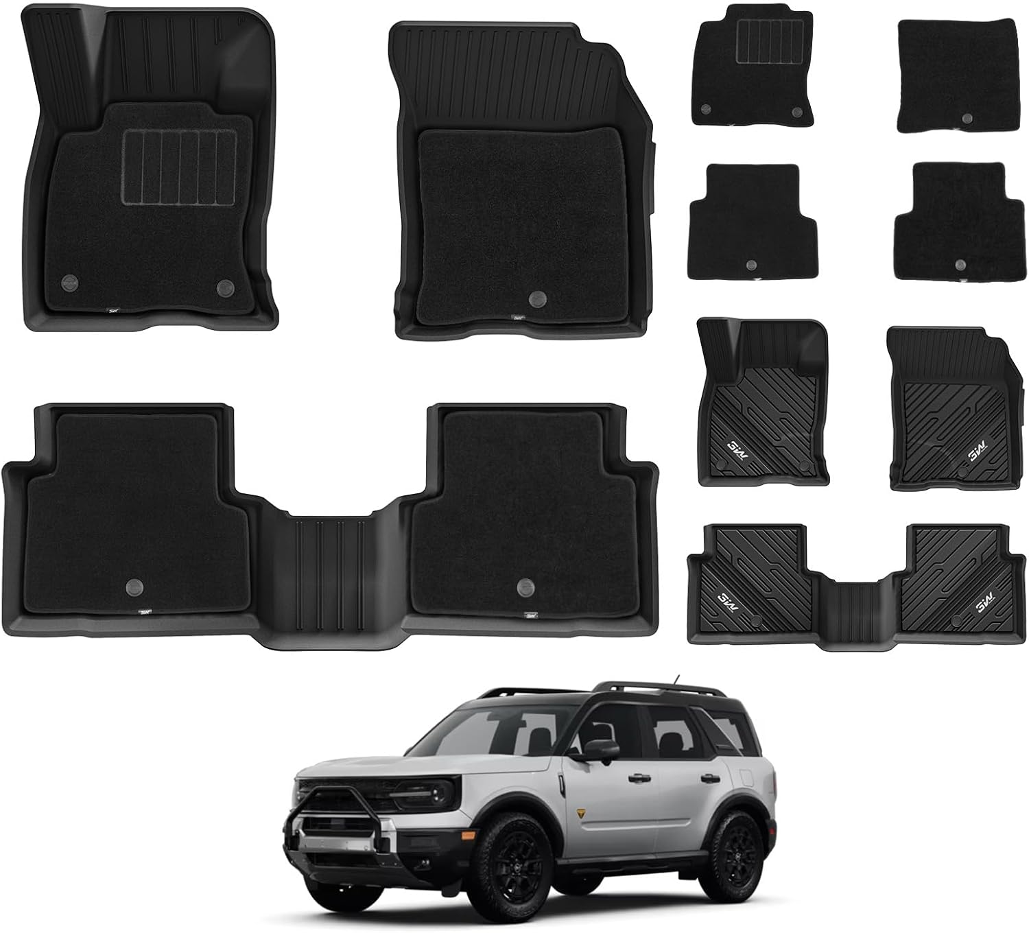 3W Floor Mats & Carpets (1st and 2nd Rows) Fit for Ford Bronco Sport 2021-2025 All Weather TPE Car Accessories Custom Fit Full Set Ford Bronco Sport Car Mats (Not for Bronco & Rubberized Floor)
