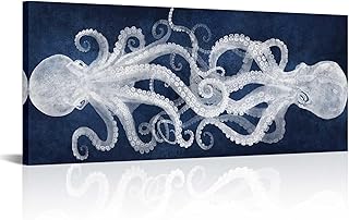 Saypeacher Octopus Bathroom Decor Octopus Wall Art Blue Ocean Painting Artwork for Living Room Bedroom 48x20inches