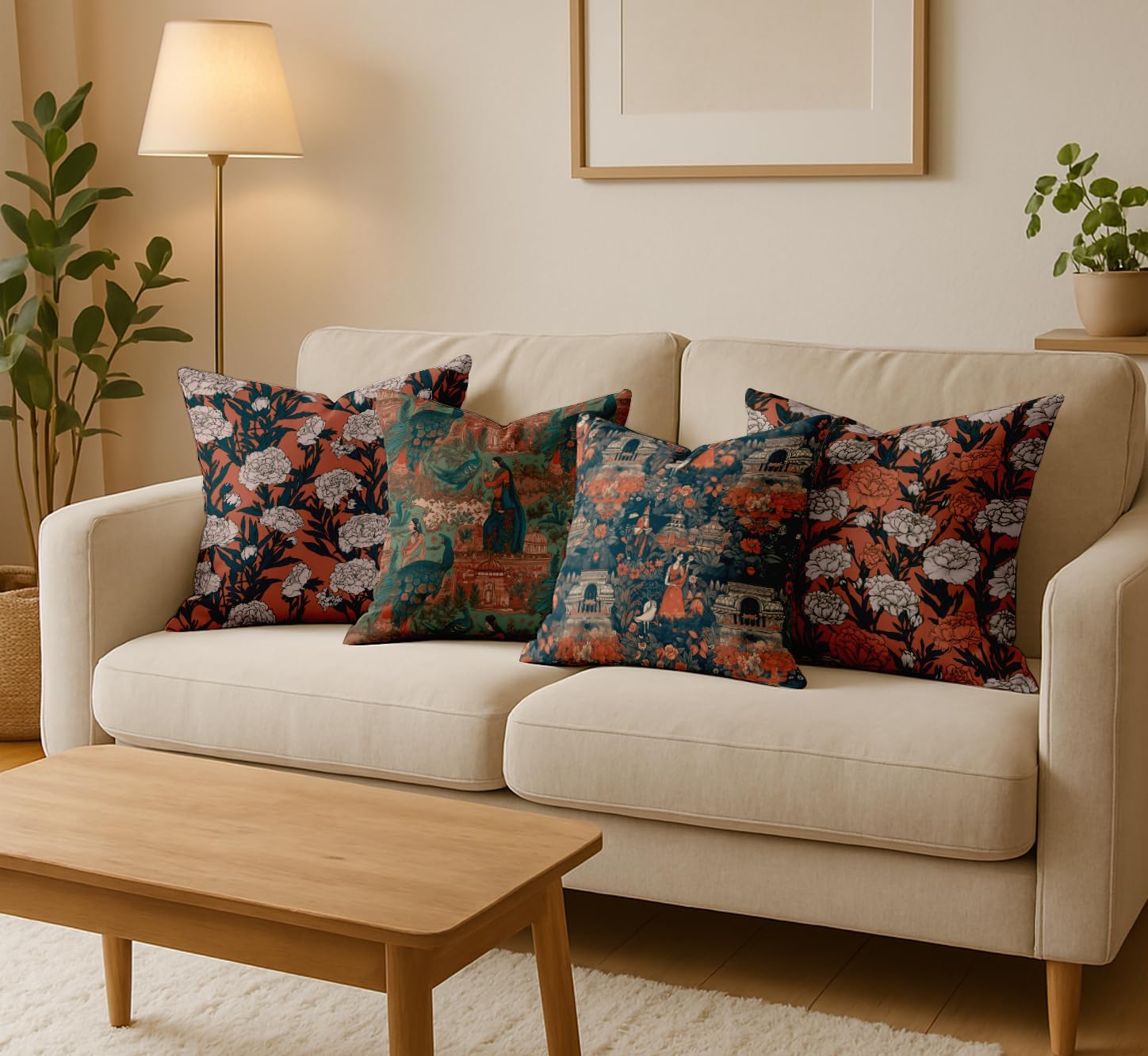 Set of 4 16x16 Cotton Cushion Covers - Decorative Reversible Pillow Covers with Concealed Zipper - Filler Not Included - Asian Print, Coral