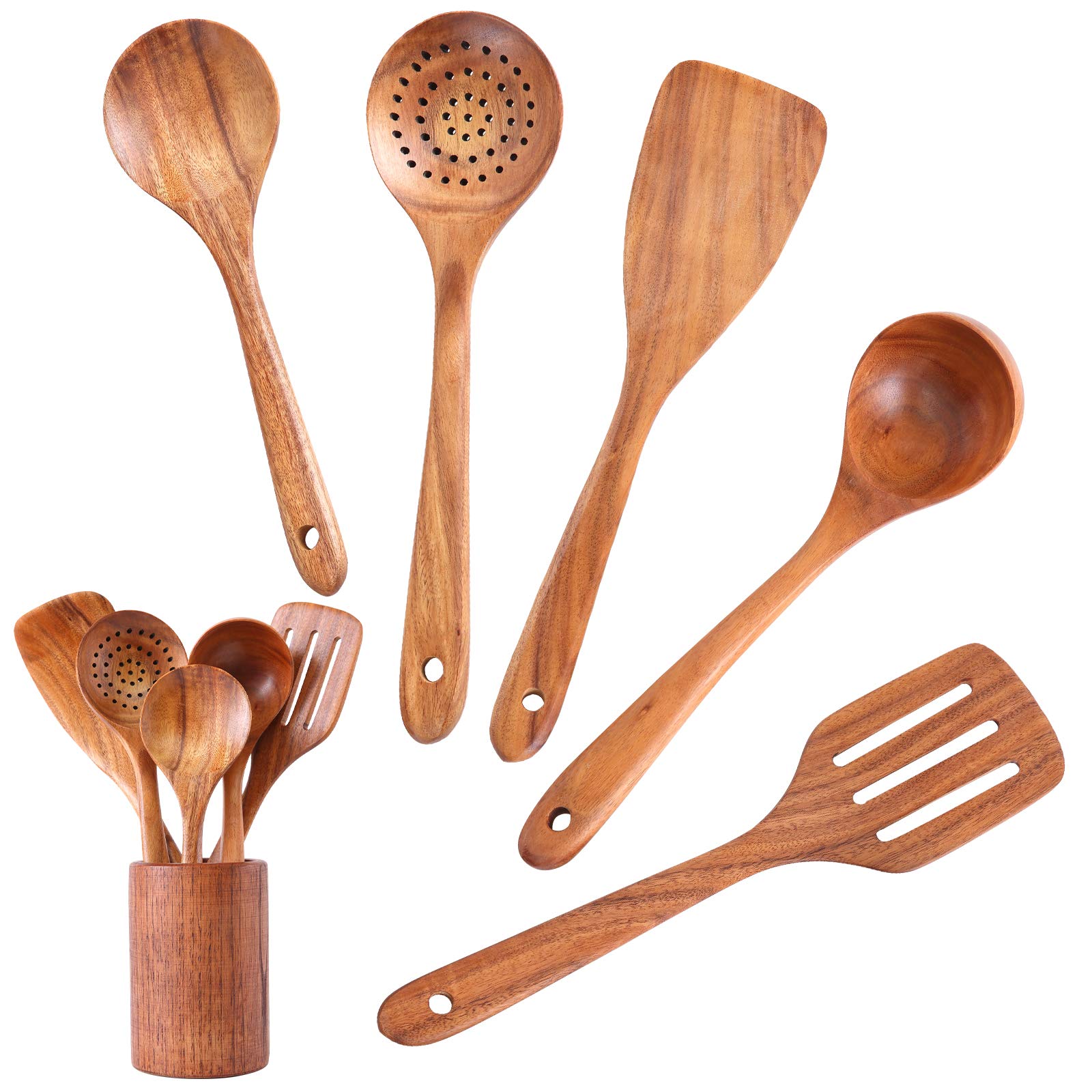 InnoStrive Wooden Spoons For Cooking 6 pack Wooden Utensils For Kitchen Natural Teak Wooden Spoons And Spatula With Holder