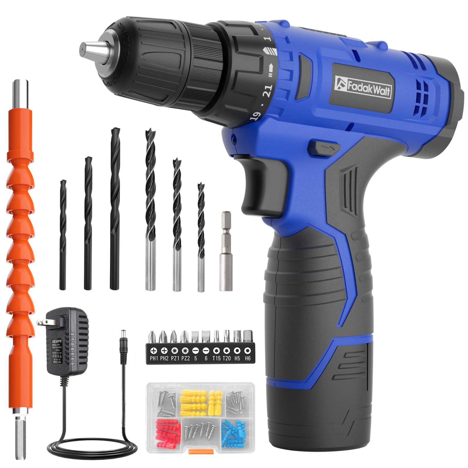 FADAKWALT 12V CordlessDrill, Battery Power Drill Drivers, 3/8” inch Keyless Chuck, Electric Screwdriver Kit, 21+1 Torque Setting, Combi Drill with Li-Ion Battery and Charger（blue-12cm）