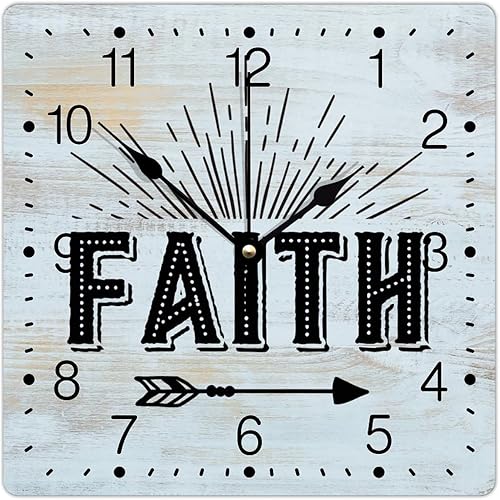 Faith - Reloj de PVC con letras envejecidas y cuadradas, reloj colgante cuadrado de 12 pulgadas, silencioso, sin tictac, decoración del hogar para