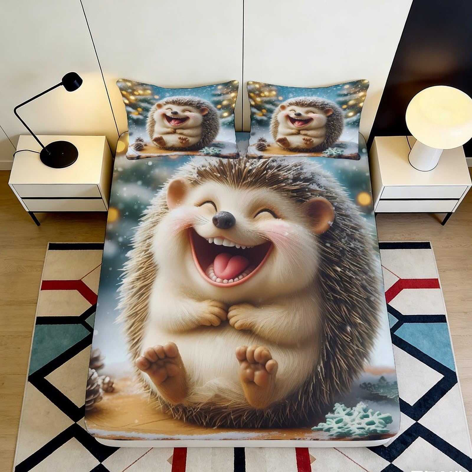 3D Printed Cartoon Hedgehog Fitted Sheet Microfiber Deep Pocket Non-Slip Bedroom Bedding Set for Adults Hedgehog Mattress Fitted Cover Washable 160x200x25cm