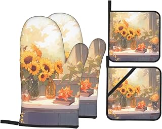 Sunflowers Under The windowsill 4-Piece Kitchen Baking Set with Printed Baking Supplies Suitable for Cooking Baking and Grilling