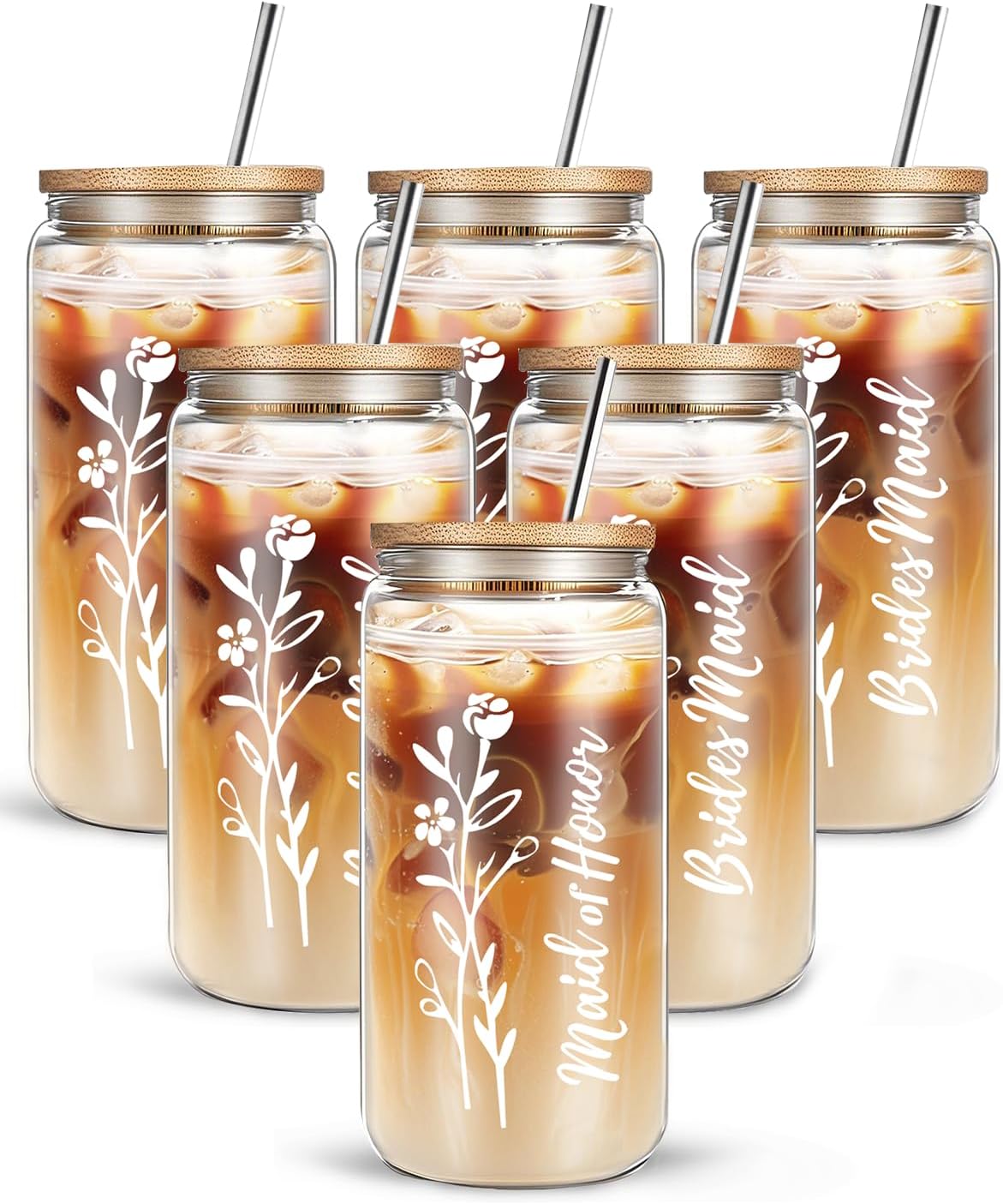 DHQH 6 PCS Bridesmaid Proposal Gifts, 16 Oz Bride Glass Cups with Bamboo Lids and Straw, Maid of Honor Gifts for Bridal Shower Wedding Bachelorette Party