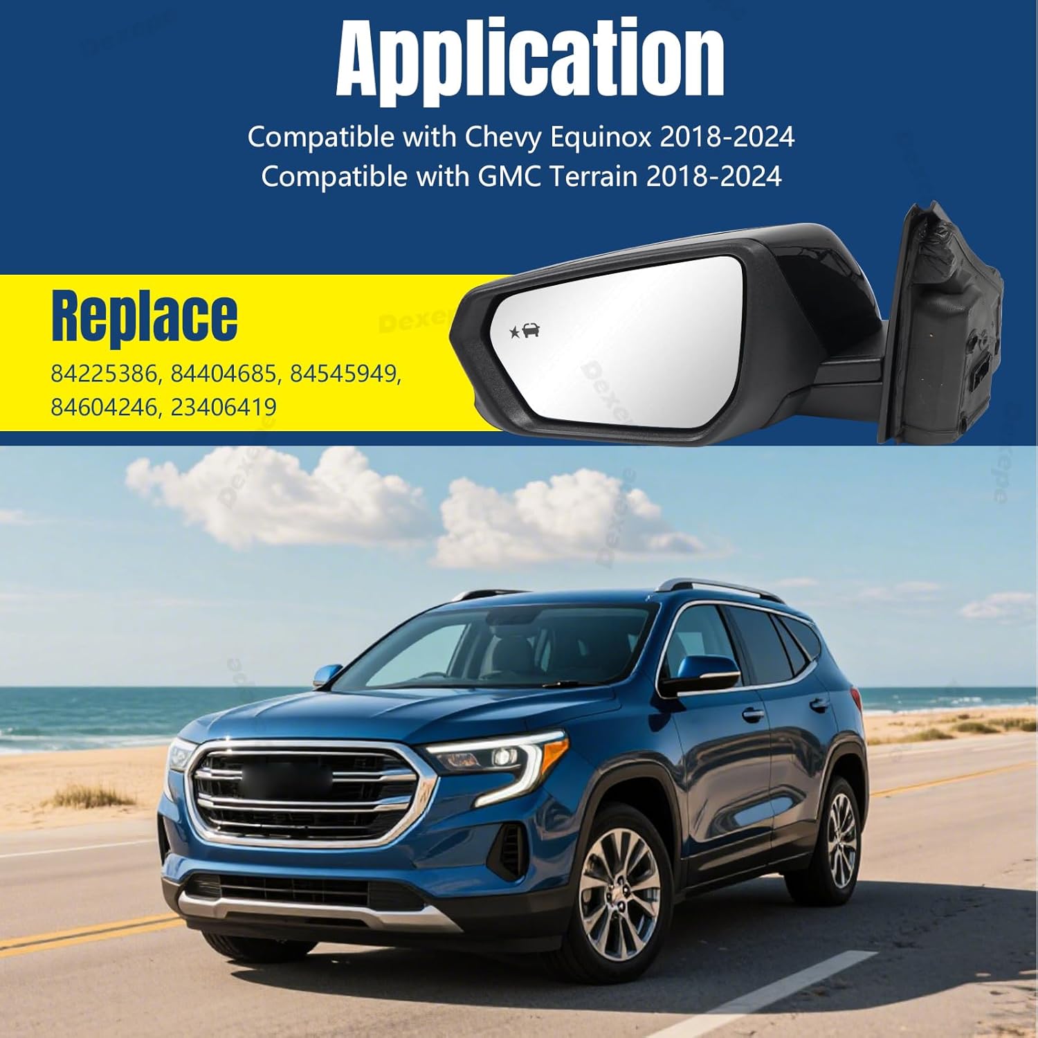 Driver Side Mirror Assembly 2018-2024 Compatible with Chevy Equinox GMC Terrain Heated with Turn Signal, Blind Spot Monitor, Power Adjustable Replace 84225386, 84404685 Black (8Pin Left)