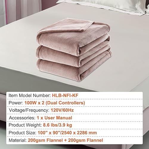 Miniatura 7 de VEVOR Manta térmica eléctrica, tamaño King de 100 x 90 pulgadas, manta térmica de franela suave con temporizador de 10 horas de apagado automático y
