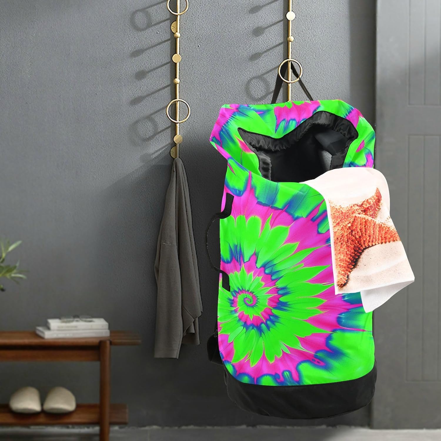 Tie Dye Neon Green Pink Laundry Bag Backpack Travel Laundry Bags with Shoulder Straps Durable Oxford Large Hanging Hamper Bag College Laundromat Apartment