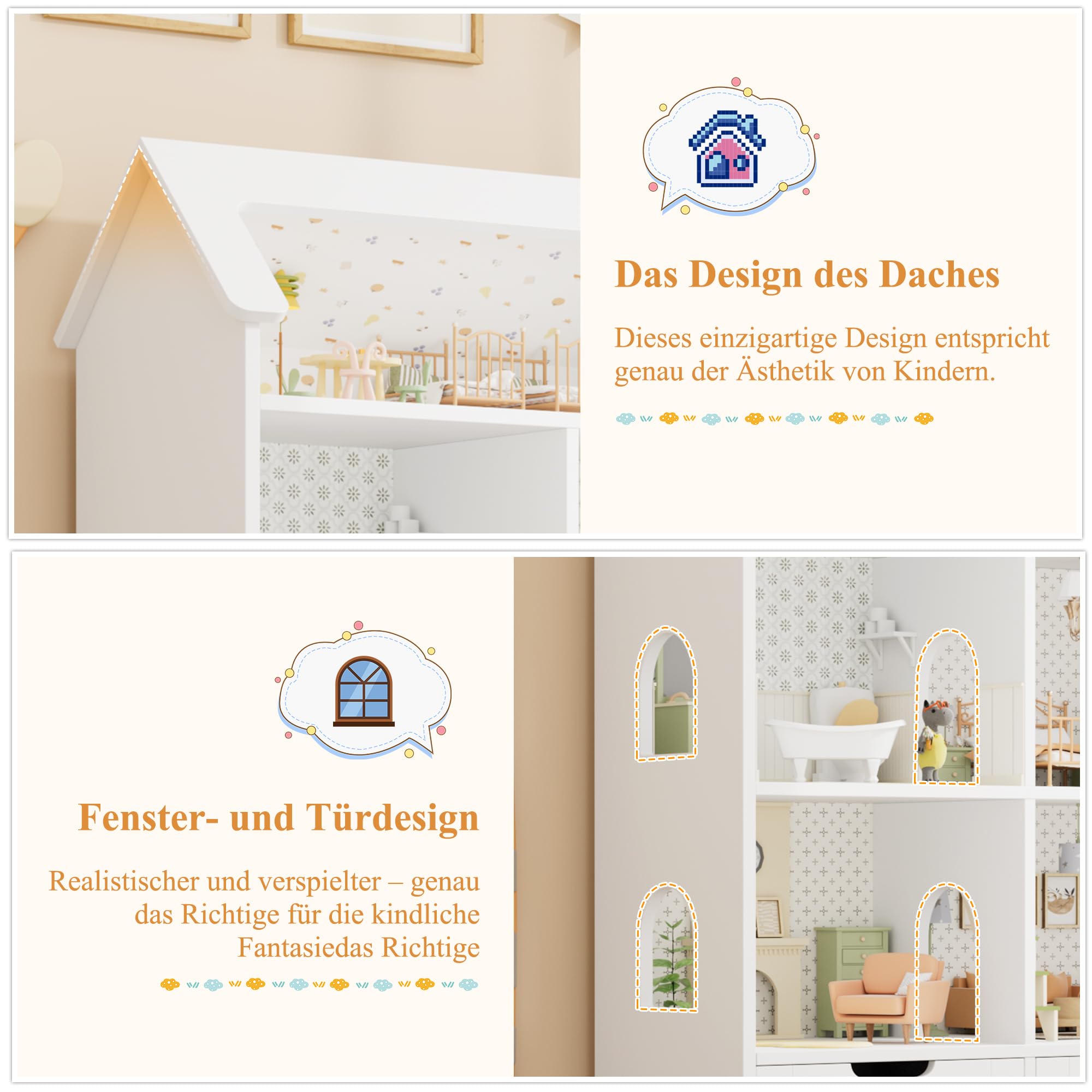 FOREHILL Kinderregal in Hausform, Bücherregal Kinder, Kinderzimmer Möbel | Kinderregal mit 3 Boxen auf Rollen, Kinderschrank Puppenhaus, Regal für Kinderzimmer, Kindergarten, 120x117,5x30cm
