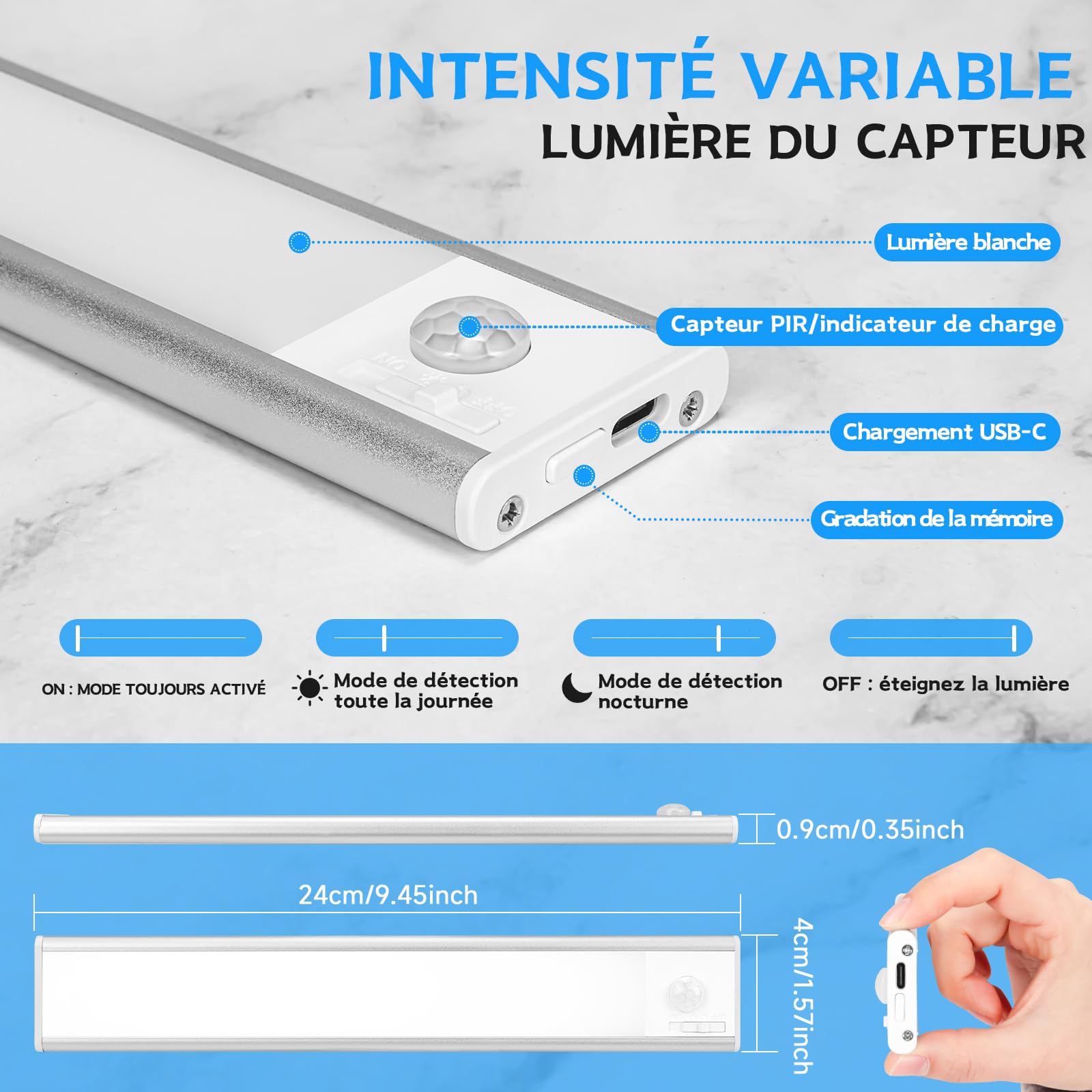 luce led sottopensile cucina, 24 cm, 39 LED luci con sensore di movimento ，luce led con sensore di movimento 1500 mAh, 6500 K striscia led a batteria , luci led a batteria USB,， confezione da 6 pezzi