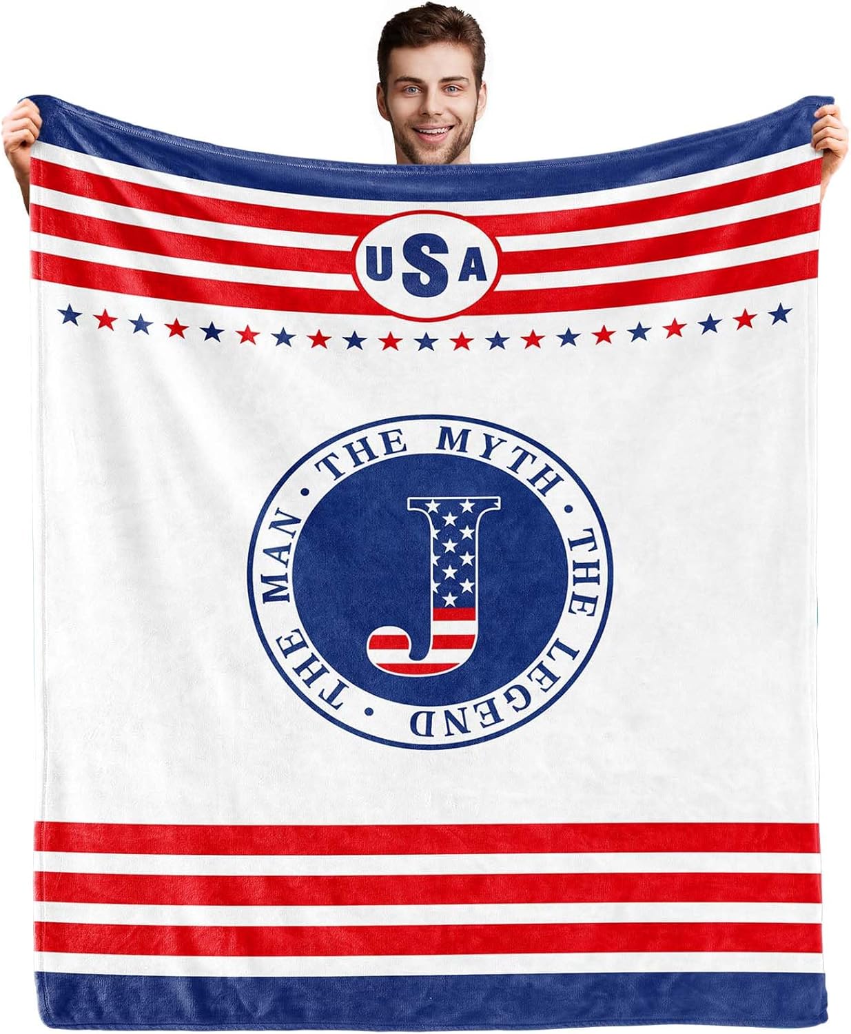 Initial J Blanket for Men,4th of July Patriotic Birthday Gifts for Him Dad, Monogrammed Anniversary USA Flag Blanket for Husband, The Man The Myth The Legend Gift Ideas 60"x 50"in J 60x50in