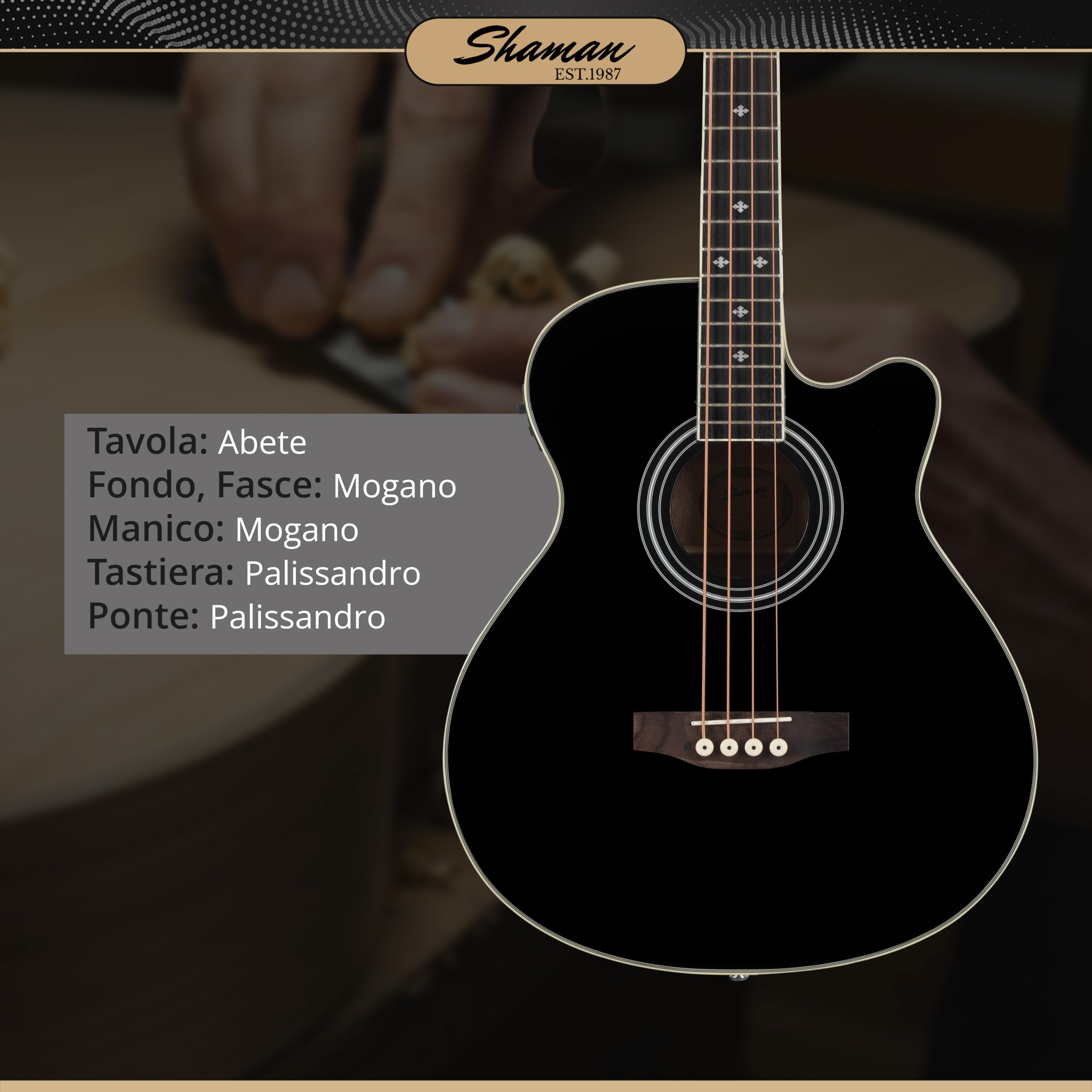 Shaman AB4-50CE-BK Basso Acustico Nero, Allgemein, Modell: AB4-50CE-BK | Gewicht: 2, 8 kg, Anzahl Saiten: 4, Orientierung: Destrimano, Korpus, Korpusform: Jumbo mit Cutaway, Tavola: Abete, Hals