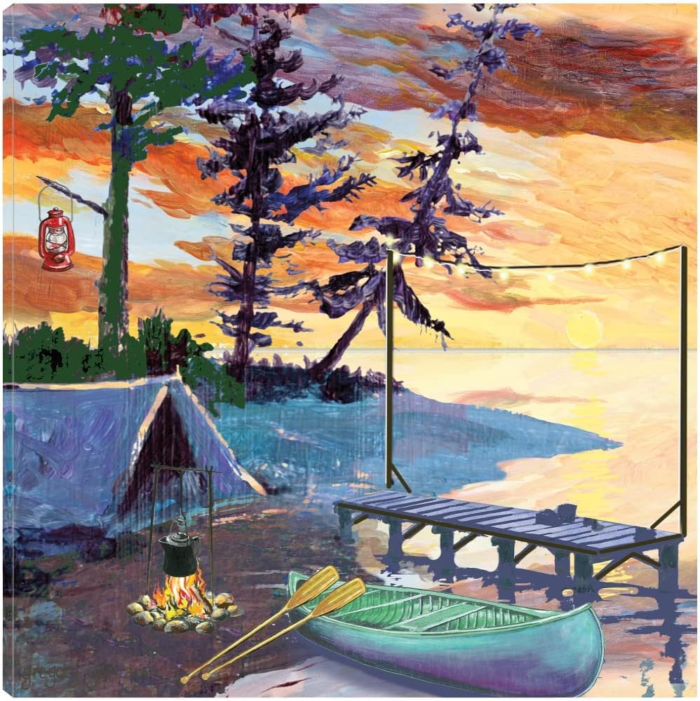 Camp by the Dock Canvas Wall Decor by Artist Gregory Gorham for Living Room, Bedroom, Bathroom, Kitchen, Office, Bar, Dining & Guest Room - Ready to Hang - 32 in x 32 in