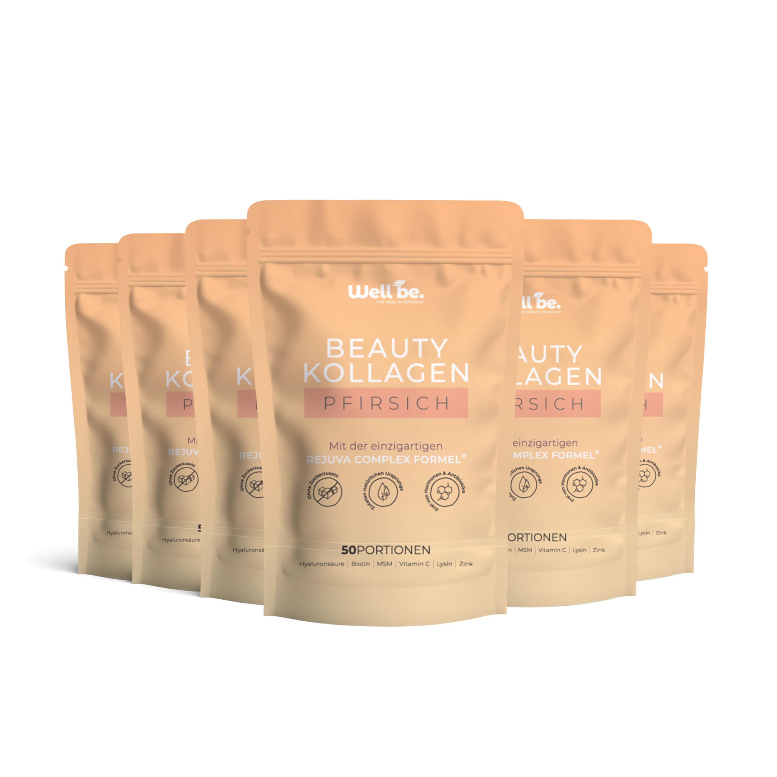 Wellbe Kollagen Pulver hochdosiert - mit maximal bioaktivem Kollagen Hydrolysat, Biotin, Zink, Vitamin C & Hyaluron - Collagen Pulver - Kollagenpulver Peptide Made in Germany 6 x 250g