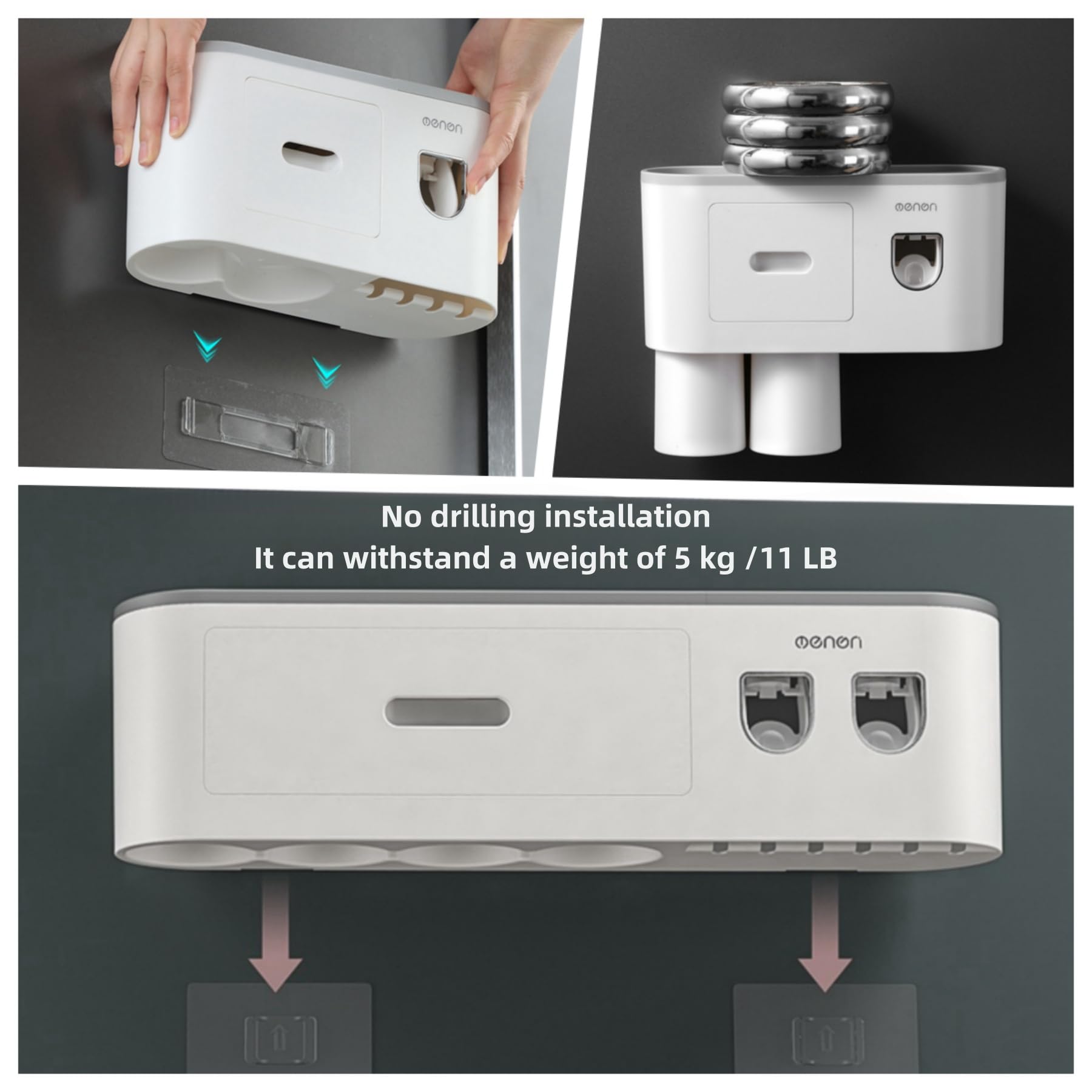Soporte para cepillo de dientes montado en la pared sin taladro, estante de baño, con dispensadores automáticos de pasta de dientes, 6 ganchos para cepillo, tazas magnéticas, 1 organizador