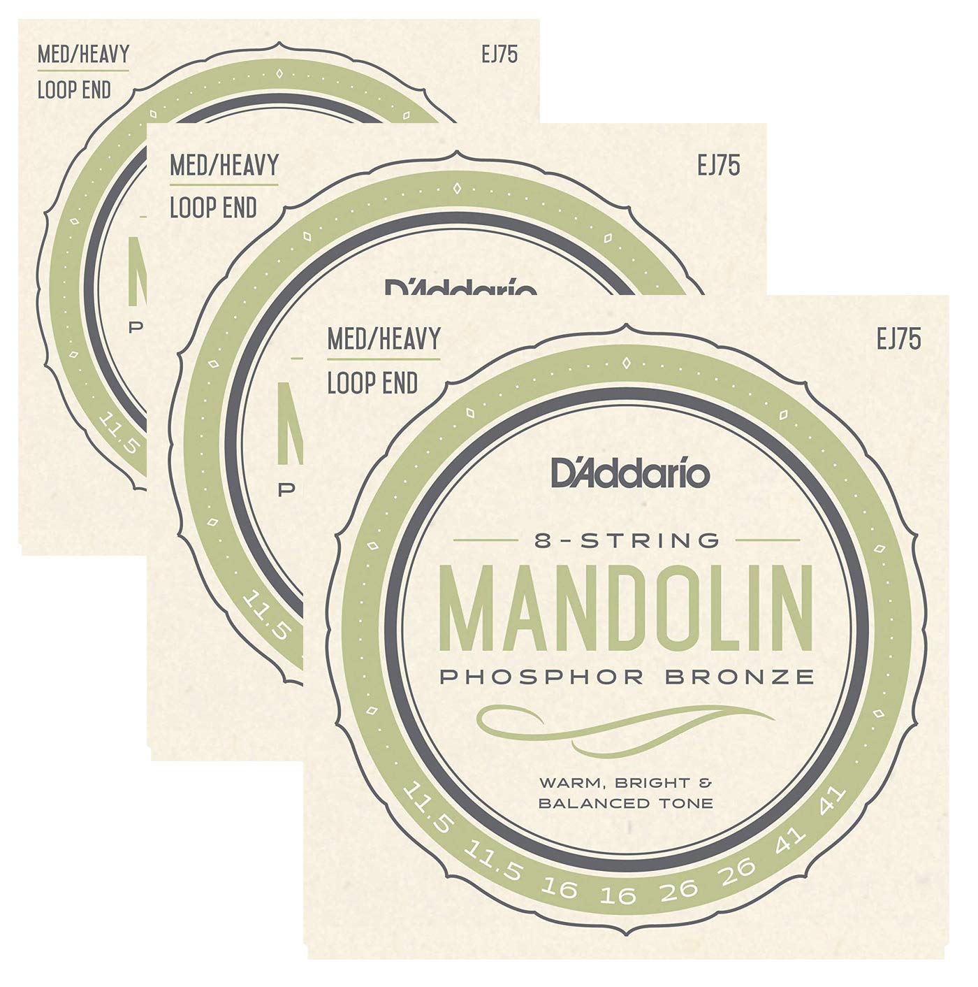 D'Addario Mandolin Strings | 3 Pack | EJ75 (formerly J75) | Phophor Bronze