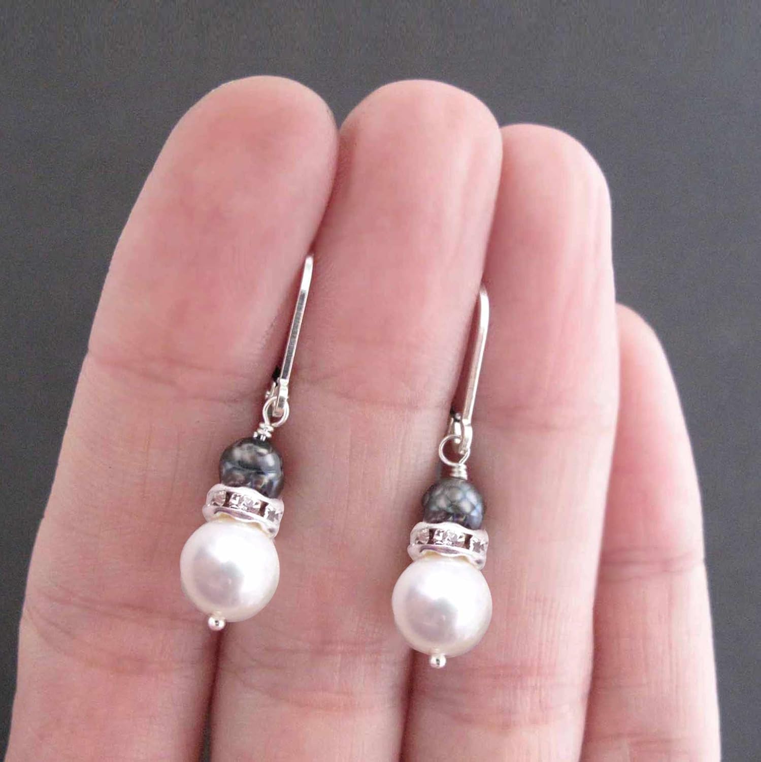 Black and White Cultured Pearl Drop Earrings with Clear Crystal and Sterling Silver Leverback (Black/White Pearls)