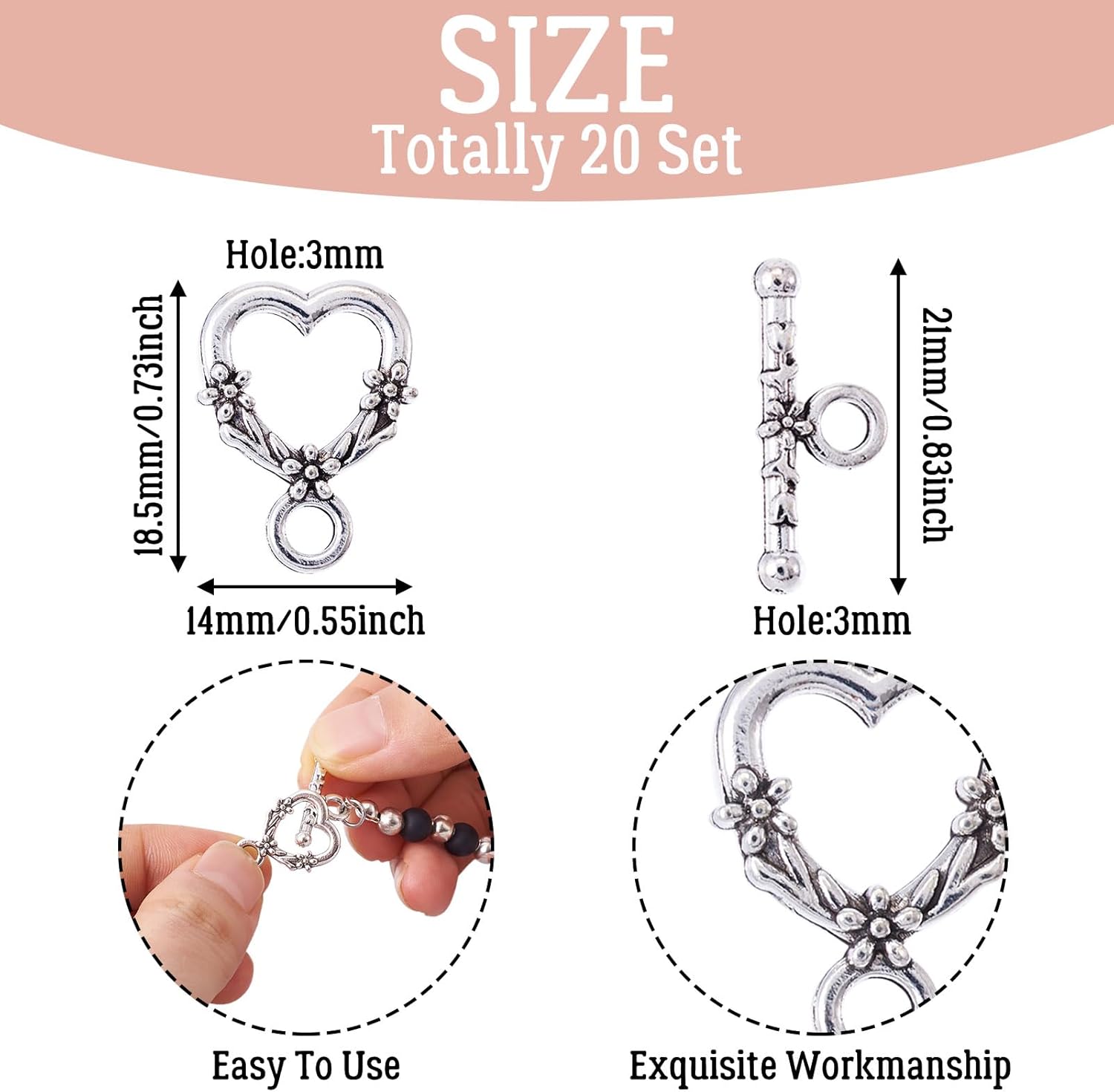 20 Sets Tibetan Silver Heart Toggle Clasps Antique Silver Color Alloy Fastener Hook Toggle Clasps Connectors Findings for Jewelry Making DIY Bracelet Necklace - Image 3