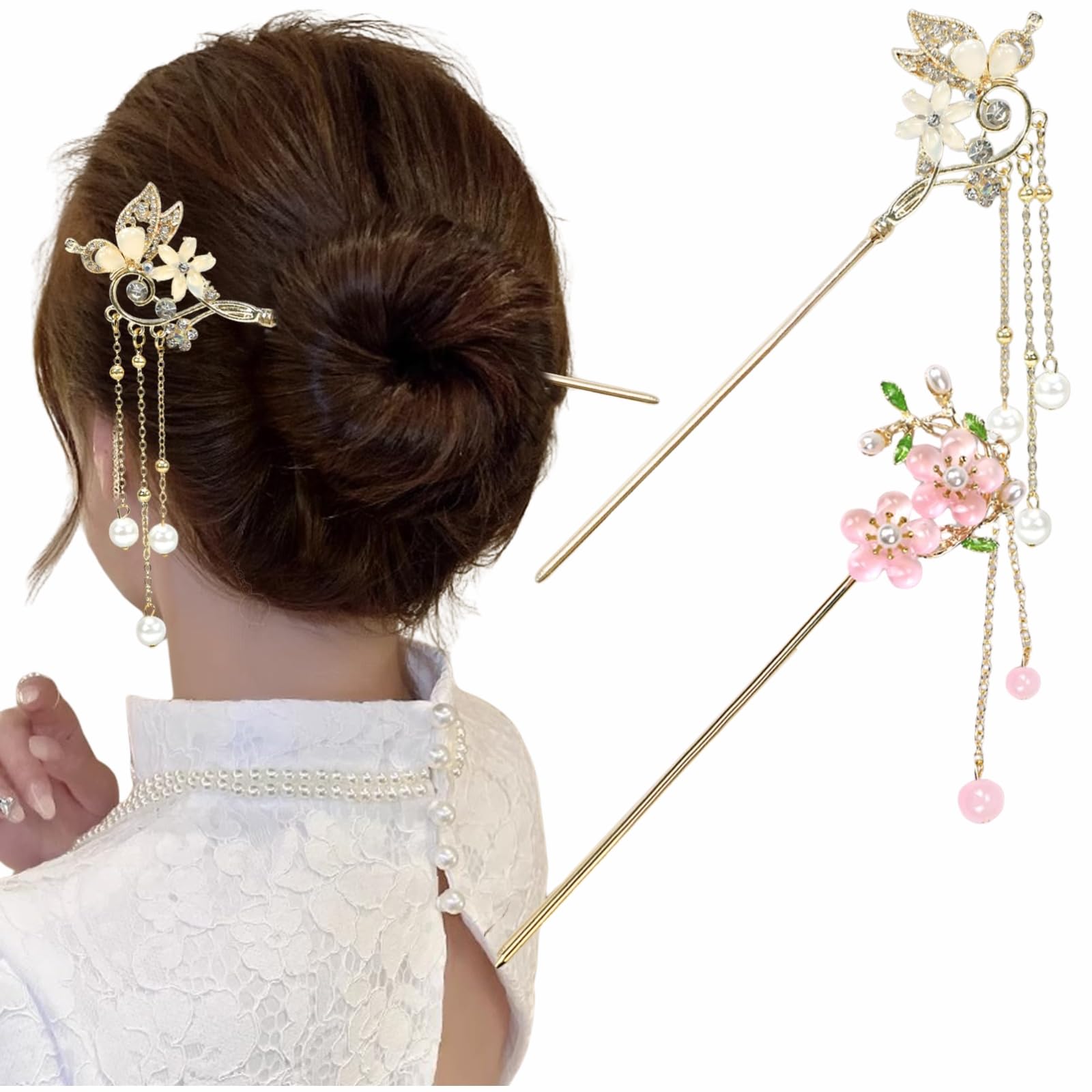 Chinese Hair Pins Hair Stick for Bun Juda Stick for Hair Bun, 2Pcs Magnolia Flower Tassel Step-Shake Hair Bun Stick, Traditional Alloy Hair Bun Sticks for Women Hanfu Cheongsam Wedding Party-image-42