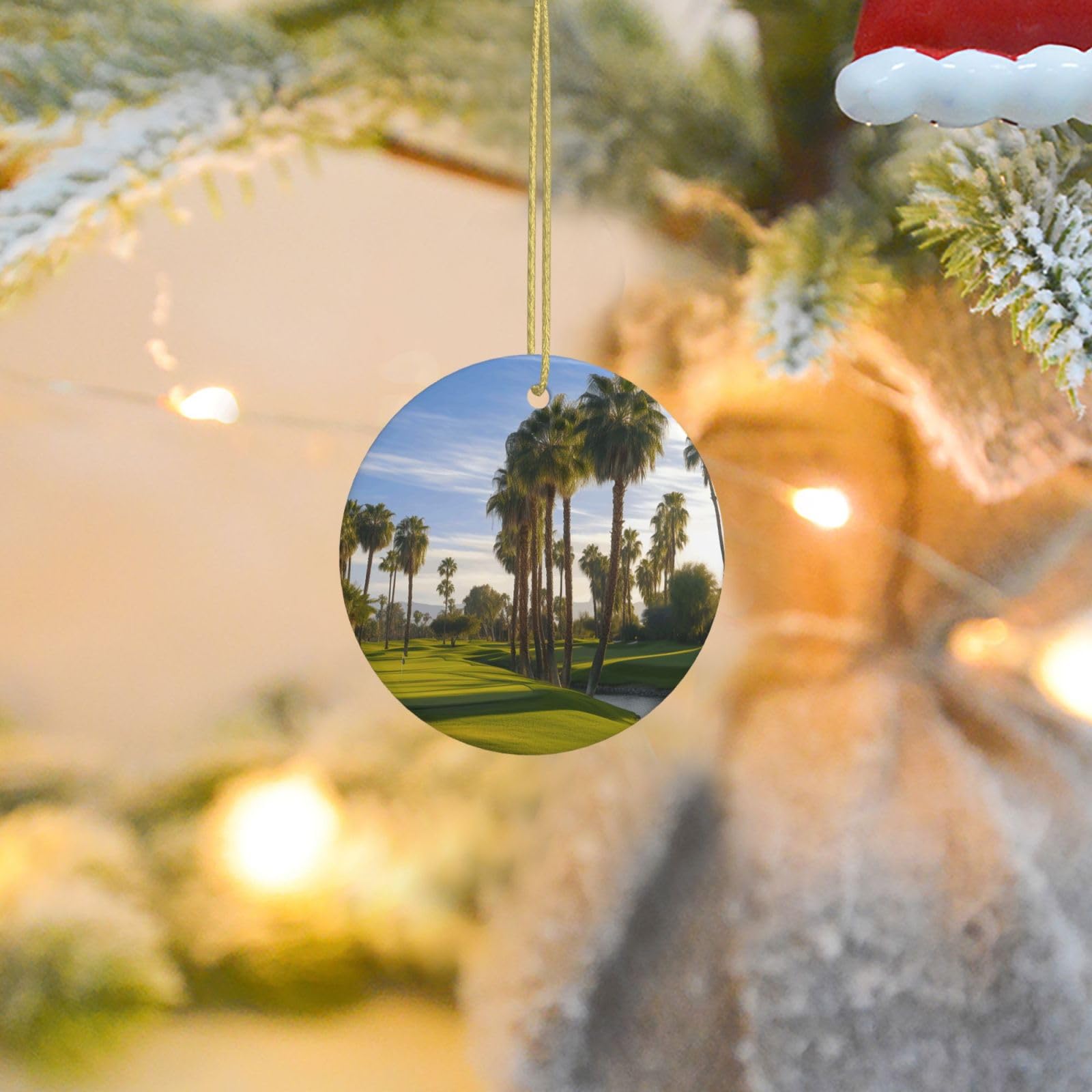 Christmas Tree Ornaments Ceramics Christmas Round Decorations Palm Tree Golf Course Ceramics Ornaments Circle Pentagram Xmas Tree Hanging Pendant for Christmas Tree Party Holiday Home Decor