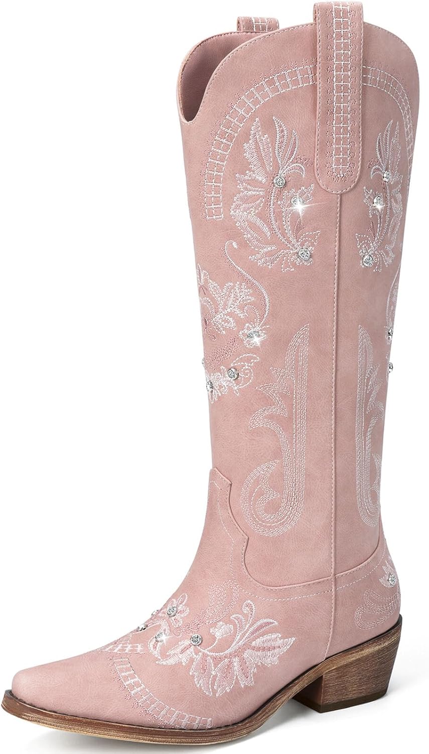 Women's Wide Calf Knee High Sparkly Rhinestone Western Country Boots - Glitter, Classic Embroidery, Pointed Toe, Pull On Zipper Retro Boots