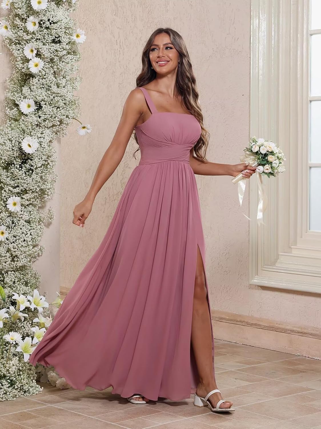 Chiffon Bridesmaid Dresses for Women Spaghetti Strap A-line Long Formal Wedding Guest Dress with Slit