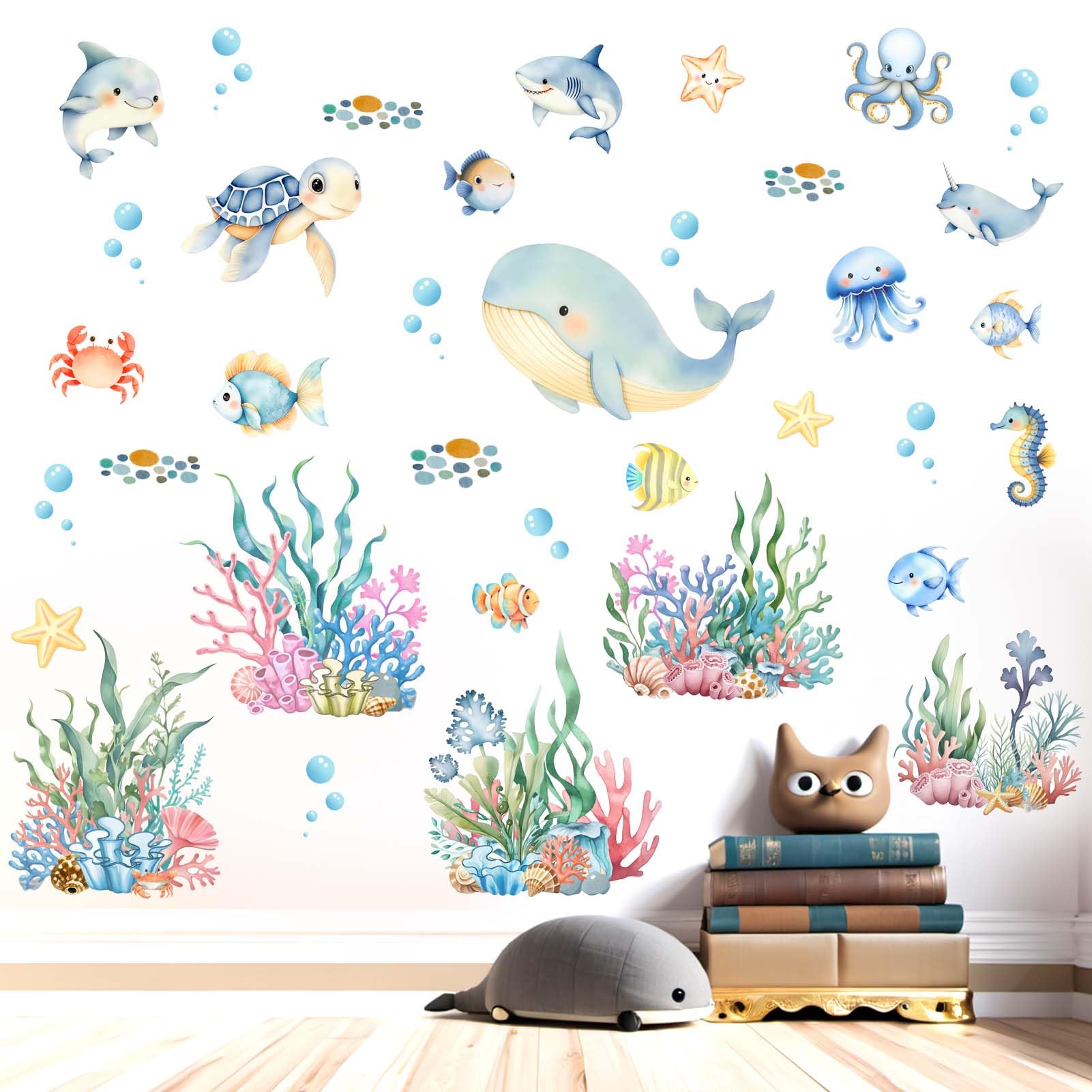 Whale Fish Wall Stickers for Kids: Peel and Stick Under The Sea Wall Decals for Baby Nursery Kid Bedroom Toddler Room - Ages 1-12 Years Vinyl Decor