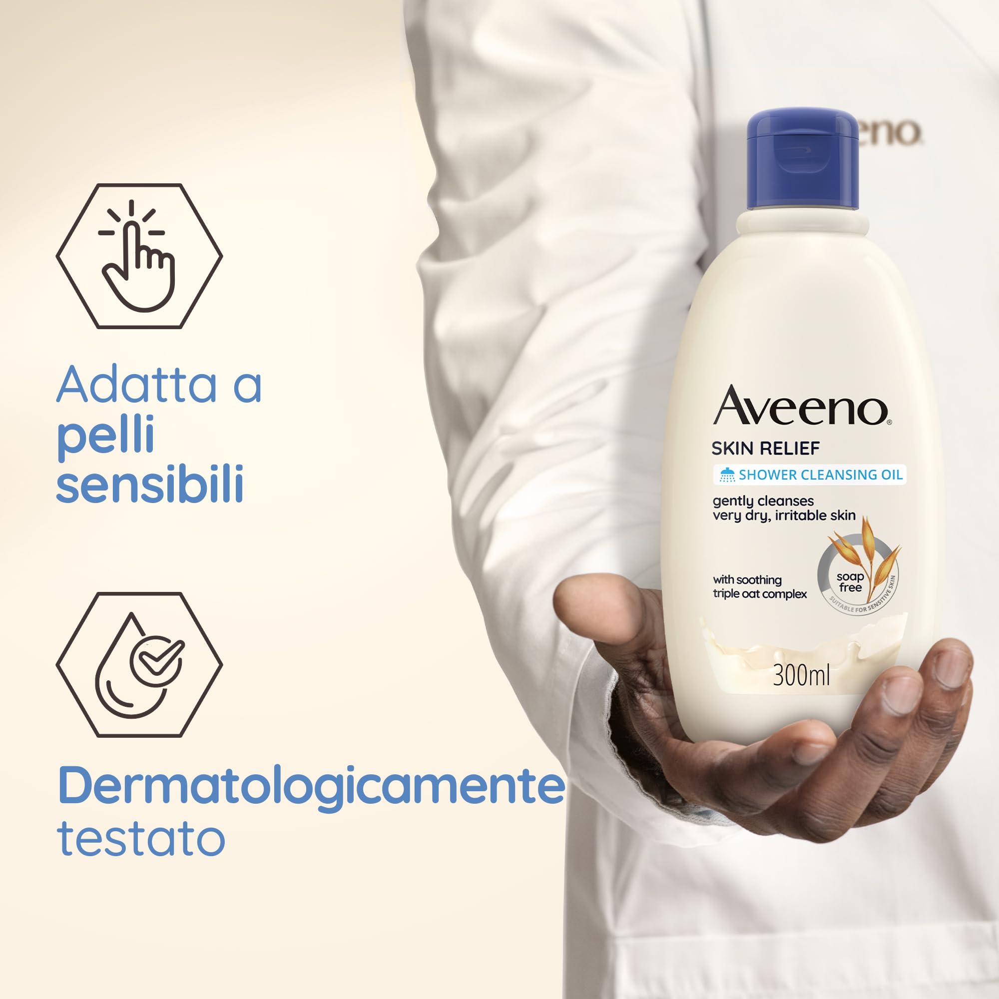 Aveeno Skin Relief Detergente Olio Bagno E Doccia, Olio doccia per pelle secca e pruriginosa, Olio detergente corpo con complesso di Avena Prebiotica, Bagnodoccia ad alta tollerabilità, 300 ml