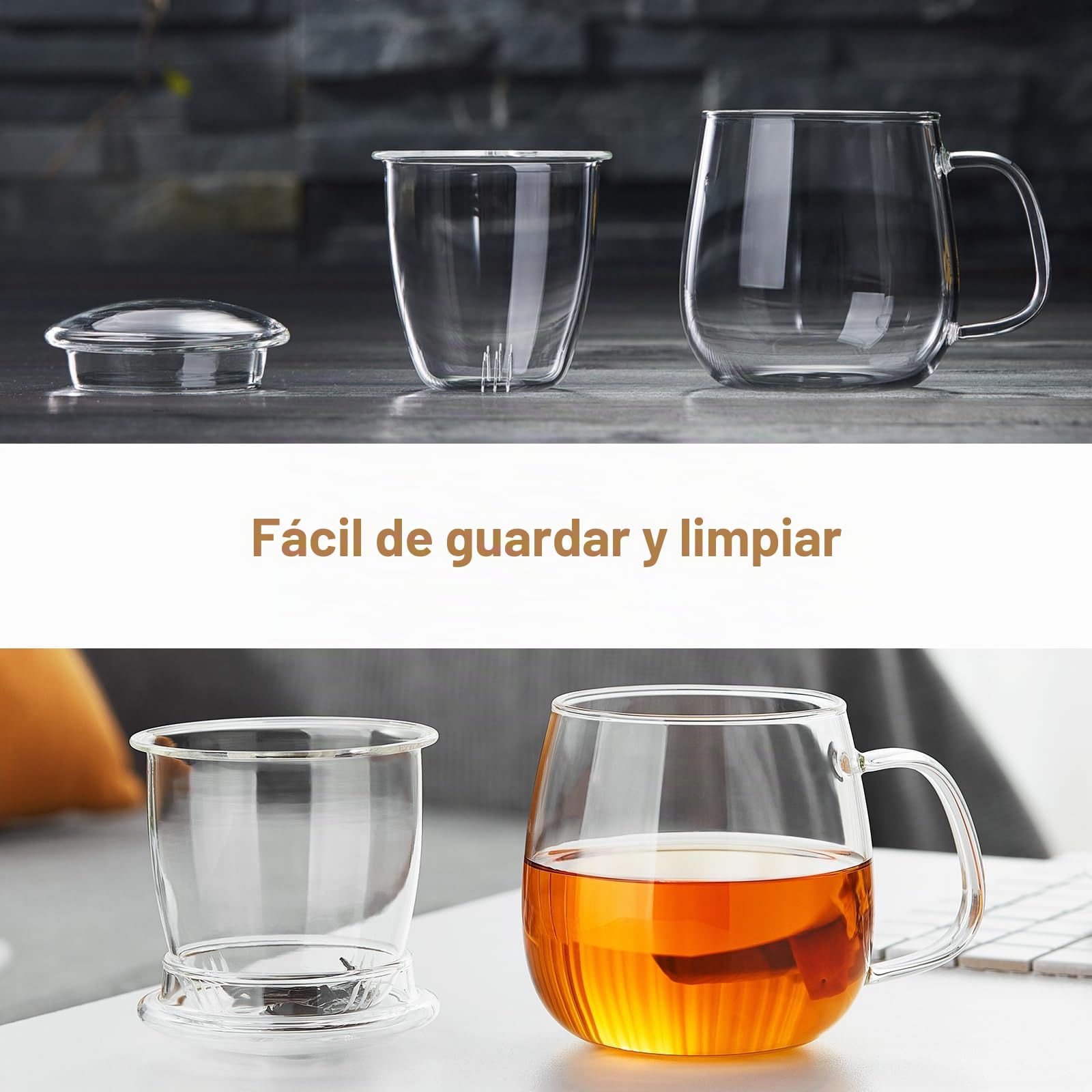 Taza de Té, 500 ml Taza Infusiones con Tapa y Filtro, Taza Transparente de Vidrio, Vaso para Té en Hojas y Flores, Compatible con Cocina de Gas
