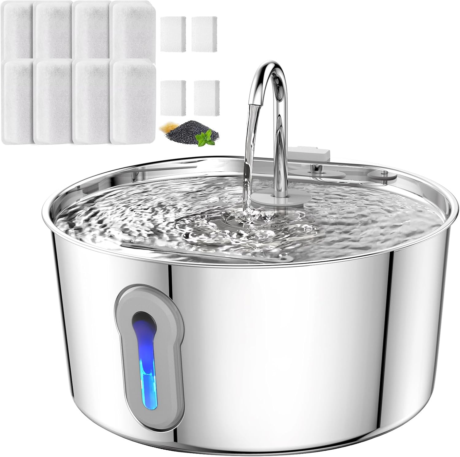 135oz/4L Stainless Steel Cat Water Fountain & 8 Pack Replacement Filters & Sponges Set