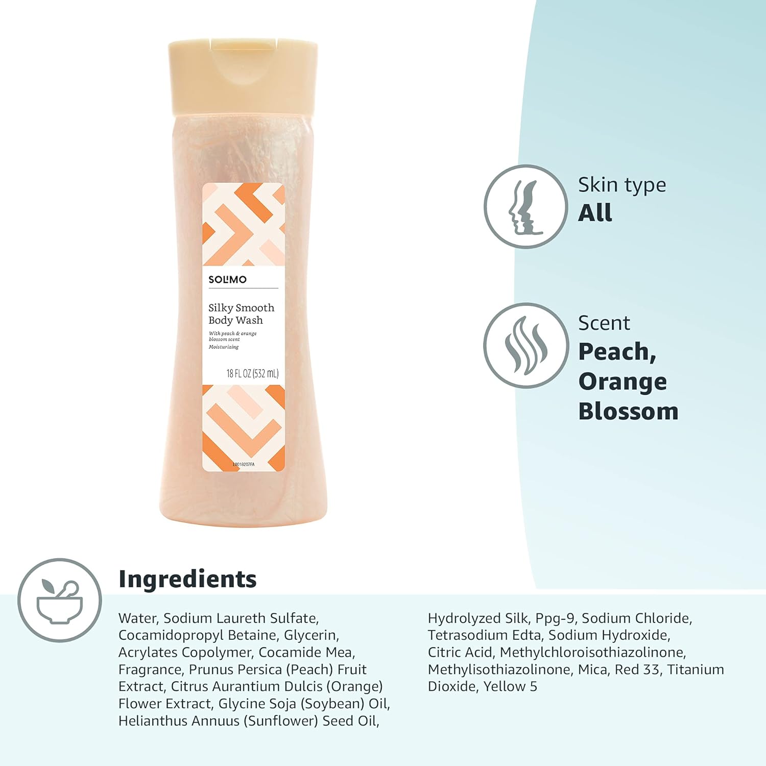  Brand - Solimo Silky Smooth Body Wash, Peach and Orange Blossom Scent, 18 fl oz : Beauty & Personal Care