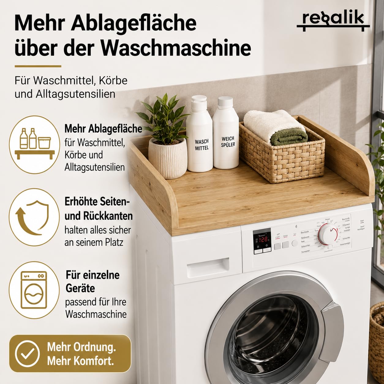 Blat Roboczy na Pralkę 12 x 60 x 60 cm, Dąb Evoke | Rozwiązanie oszczędzające miejsce do łazienki i pralni, łatwa w czyszczeniu powierzchnia, dodatkowe miejsce do przechowywania