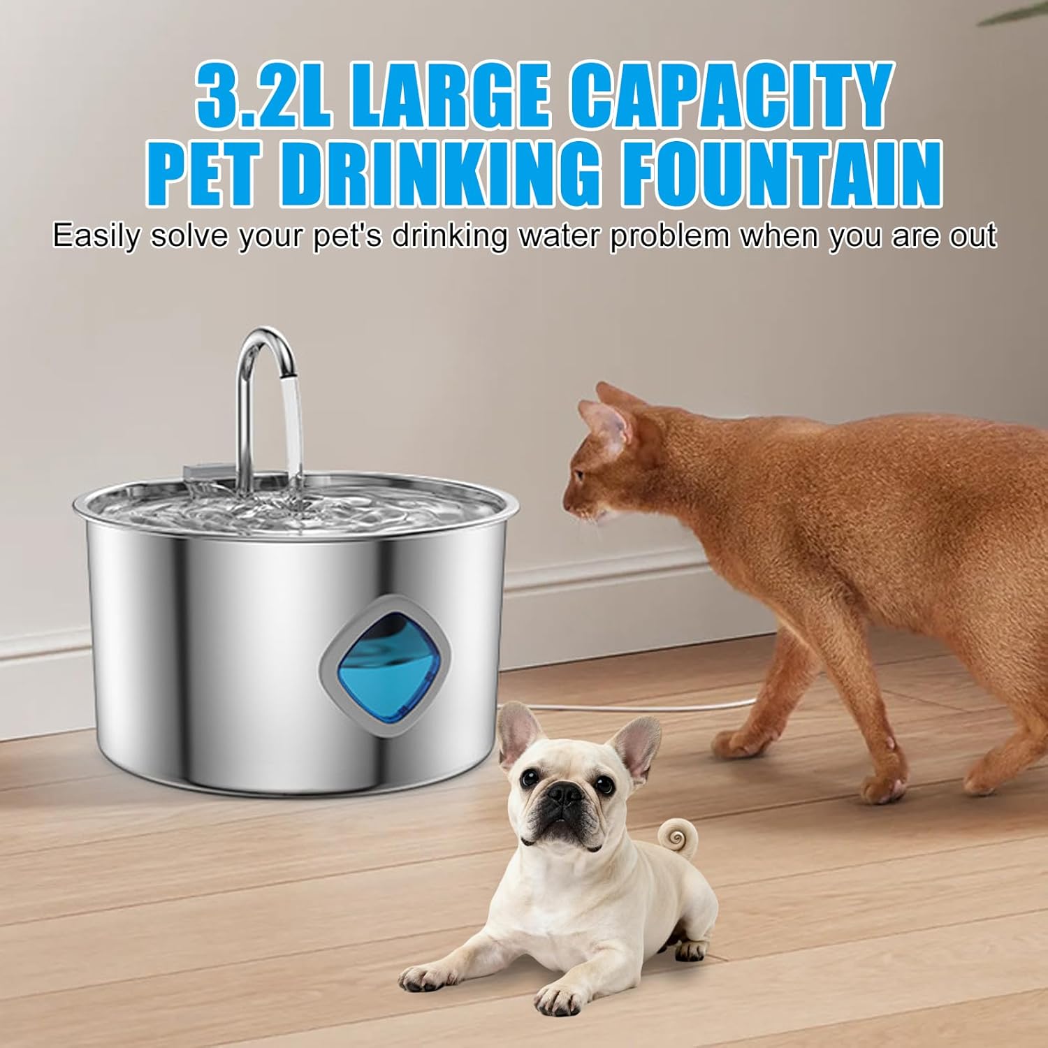 Cat Water Fountain Stainless Steel, 3.2L/108oz Quiet Water Fountains for Cats Indoor, Water Level Window, Quadruple Filtration Pet Water Fountain for Cats/Puppy (10 Filter 6 Filter Cotton)