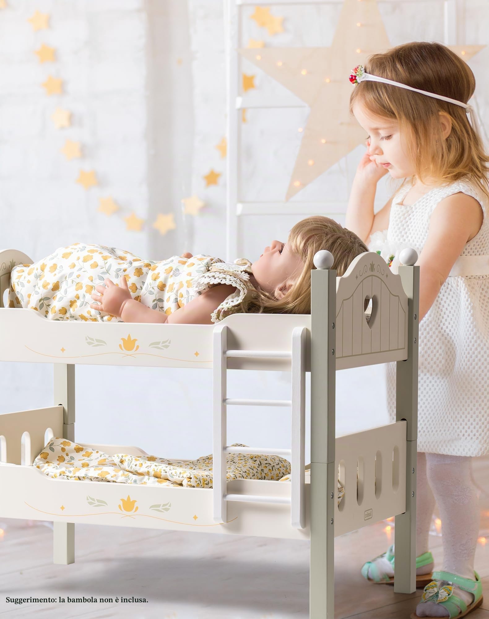 ROBUD Letto per bambole in legno, letto a castello, letto per bambole in legno, 43 cm, culla per bambole con scala e biancheria da letto, accessori per bambini, giocattoli per bambini per ragazze e