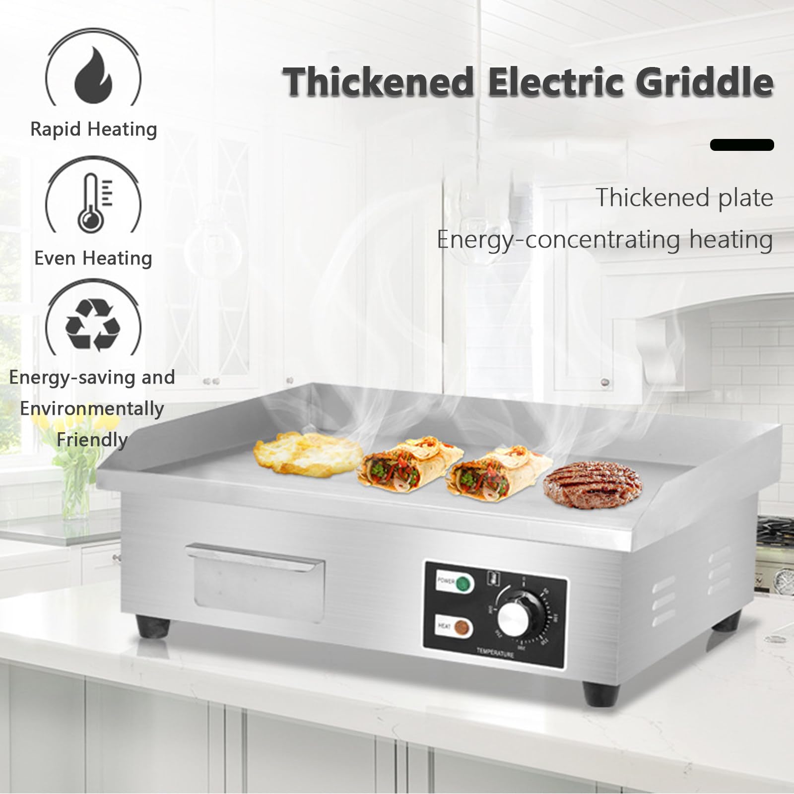 Piastra elettrica Commerciale da 22 Pollici, griglia Piatta in Acciaio Inossidabile con Controllo della Temperatura Regolabile 0~300 ℃, griglia Teppanyaki per Famiglia, ristoranti