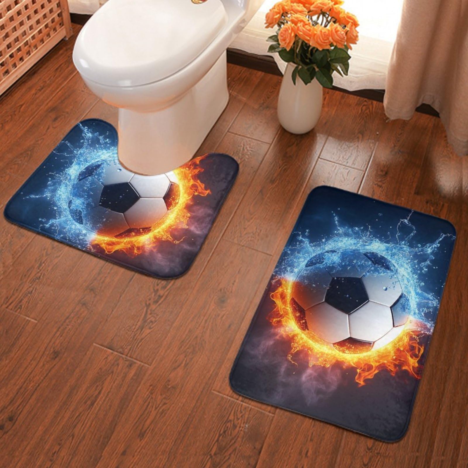 Water Absorbent Bathroom Mats and Toilet U-Shaped Rug Compatible with Water and Fire Soccer Ball for Party Master Room Decor, Soft Flannel Memory Foam