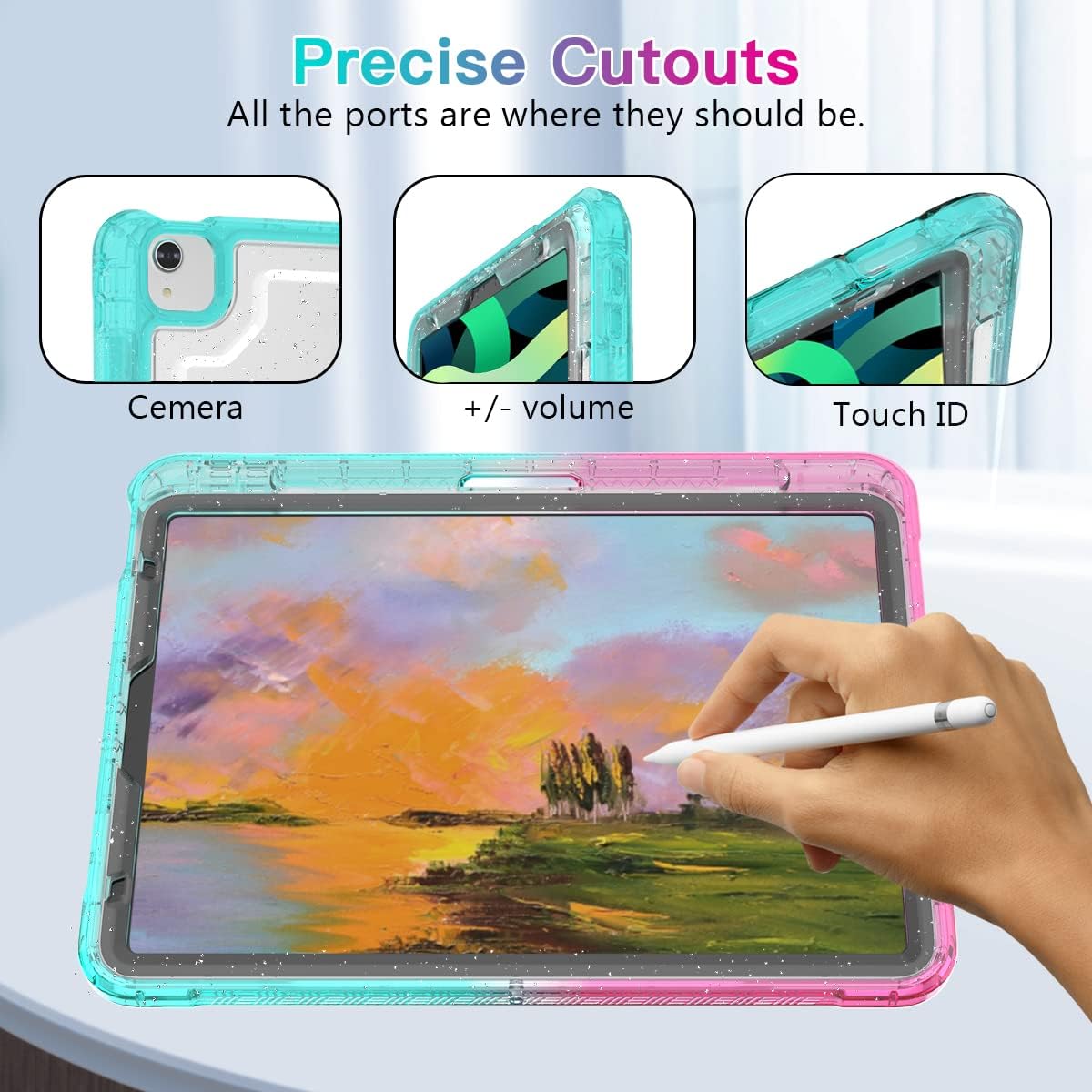 ZoneFoker for iPad Air 5th Generation Case, iPad Air 4 Case, Cute iPad Air Case 4th/5th 10.9 inch 2020/2022 with Pencil Holder/Stand, Hard Sturdy Slim Air 5 Cover for Girls Women(Glitter Teal to Pink)