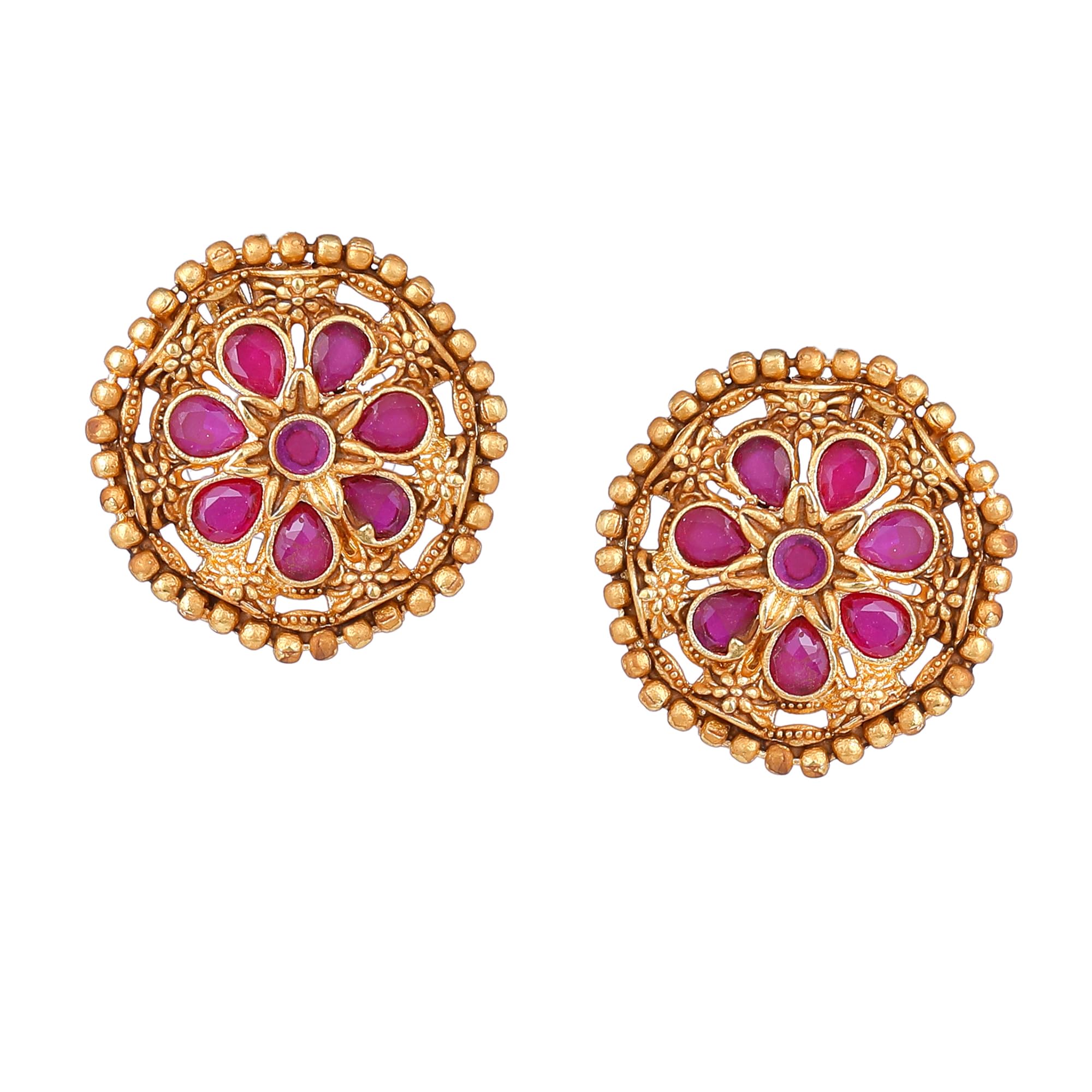 EsteleFashion Jewellery Stud Earrings for Girls and Women Gold Plated Incredible Flower Designer Ruby Crystals Adorned Matte Finish Stud Earrings/Ear Tops for Girls and Women-AD-116/714-IGRB ER