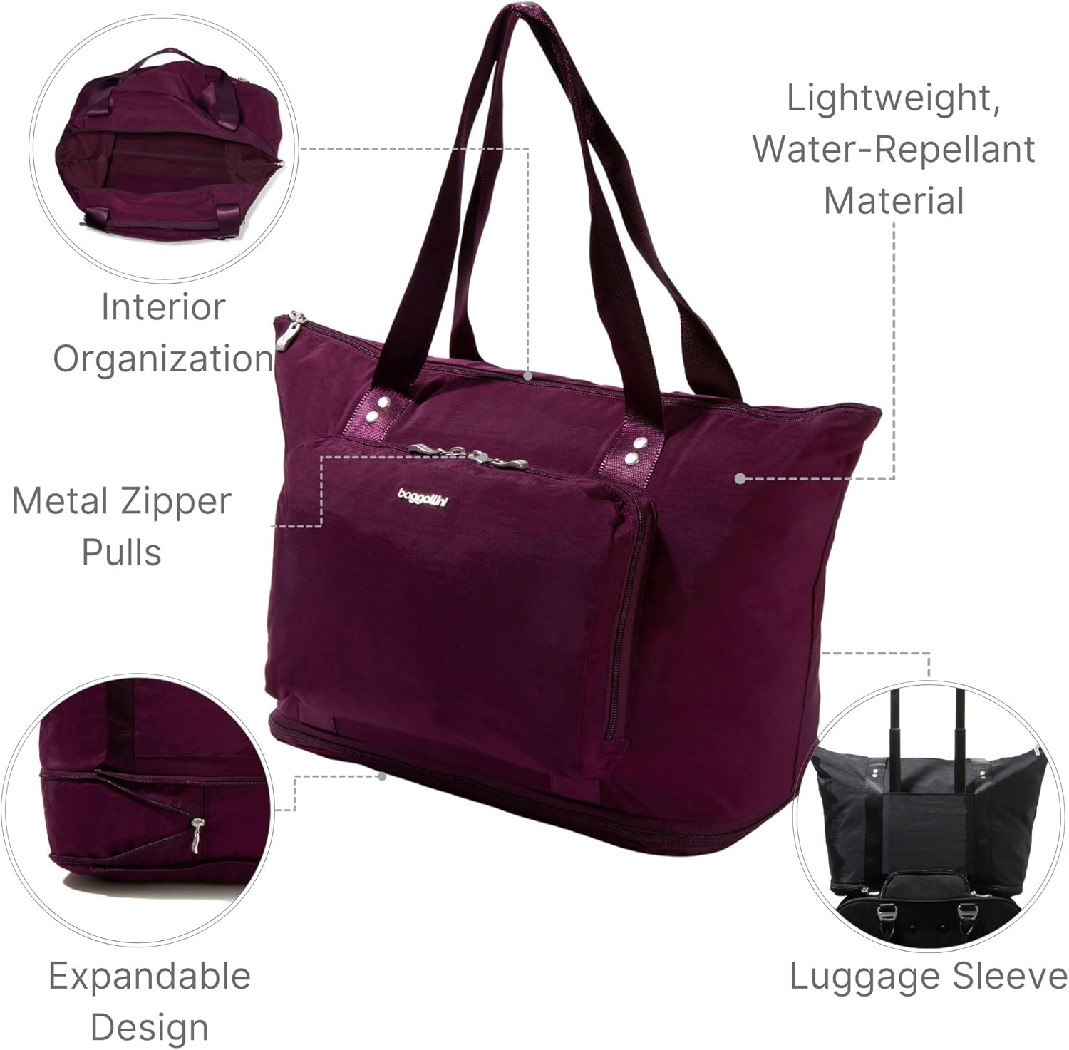 Baggallini Carryall Expandable Lightweight Travel Tote 22" Packable Folding Compact Nylon Washable Weekender w/Luggage Sleeve - Image 4