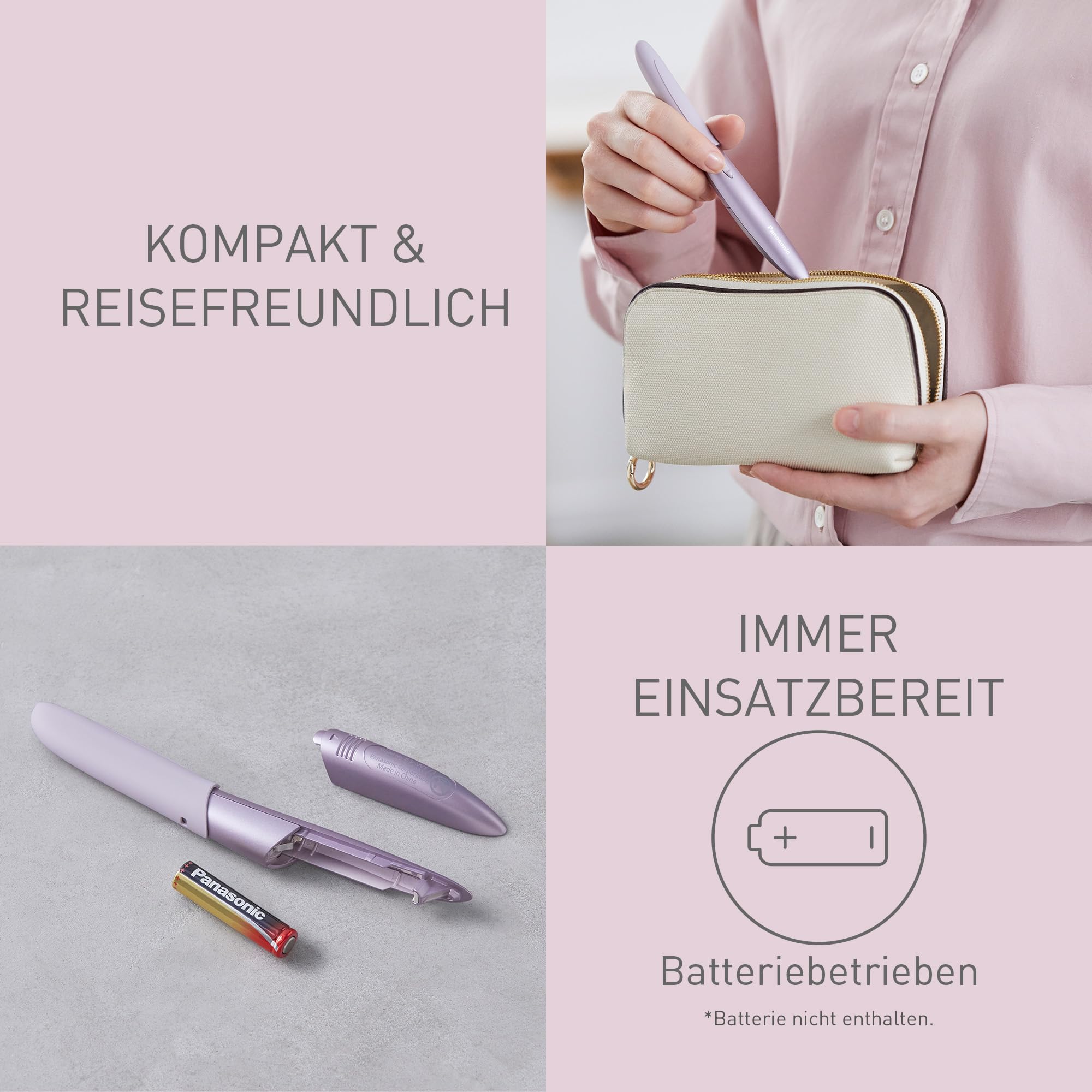 Panasonic ES-WF71-V503 Augenbrauen- und Gesichtshaartrimmer für Frauen, Augenbrauenformer, flexibler Kopf, hypoallergener Edelstahl, batteriebetrieben (AAA), Helllila